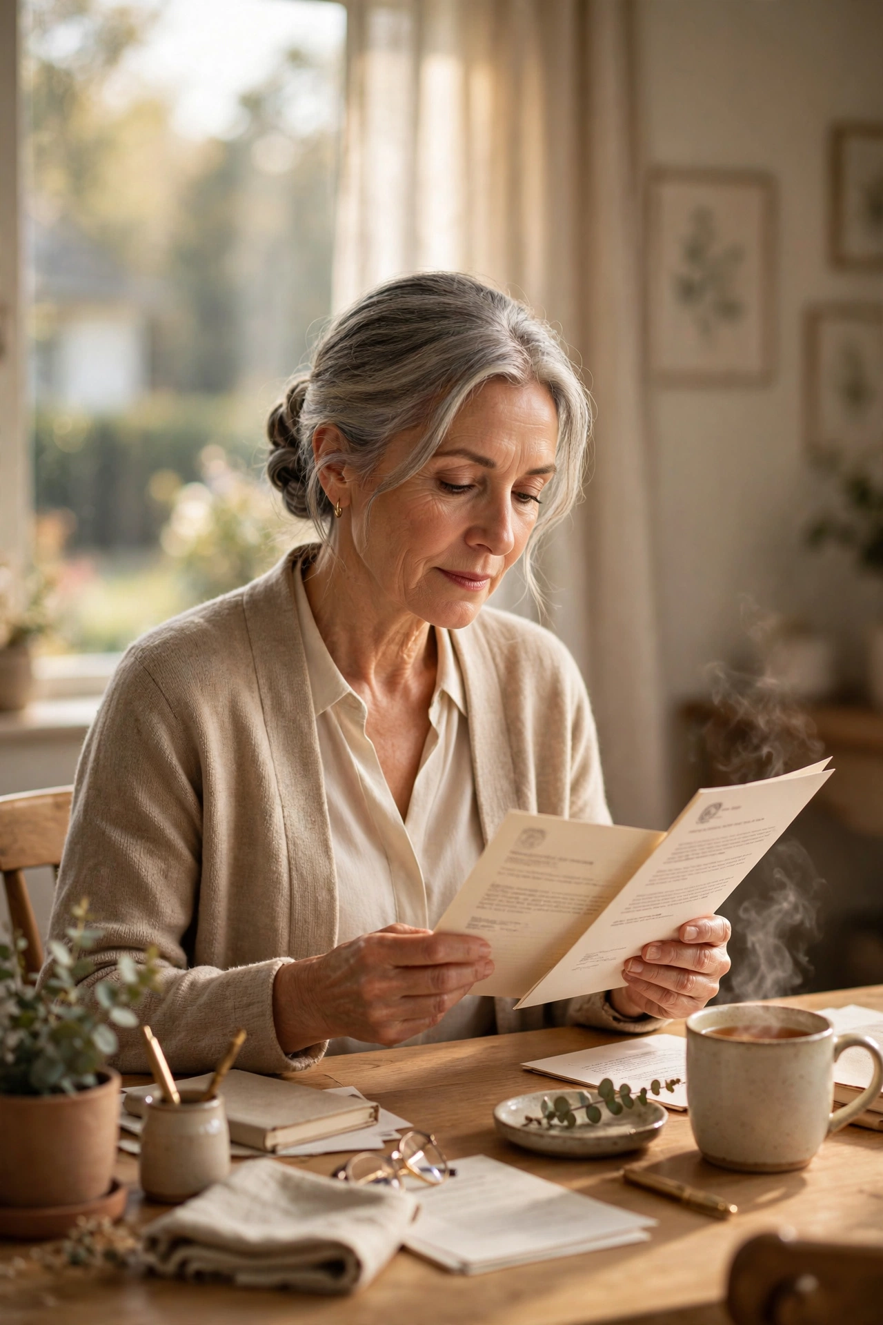 Woman in her 60s reading pension letters at a tidy desk with tea