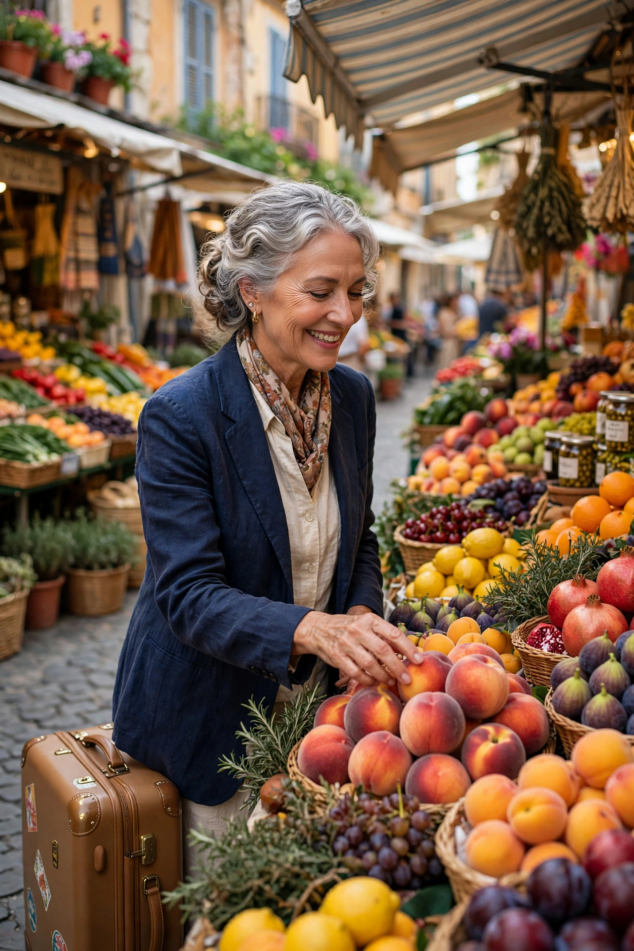 Woman in her 60s with one suitcase browsing a colorful street market abroad