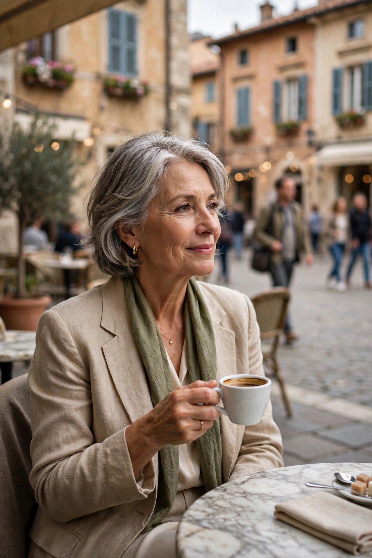 Woman in her 60s enjoying espresso at a local cafe in a foreign town square