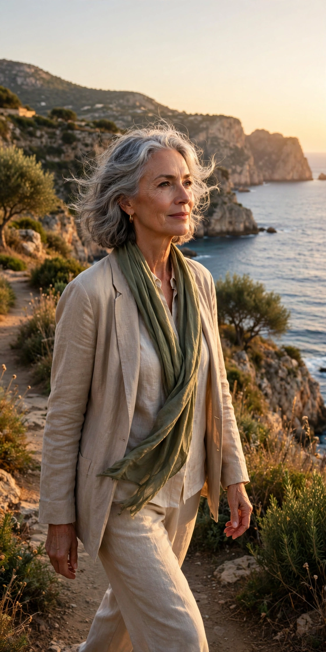 Woman in her 60s walking a scenic coastal path at golden hour abroad