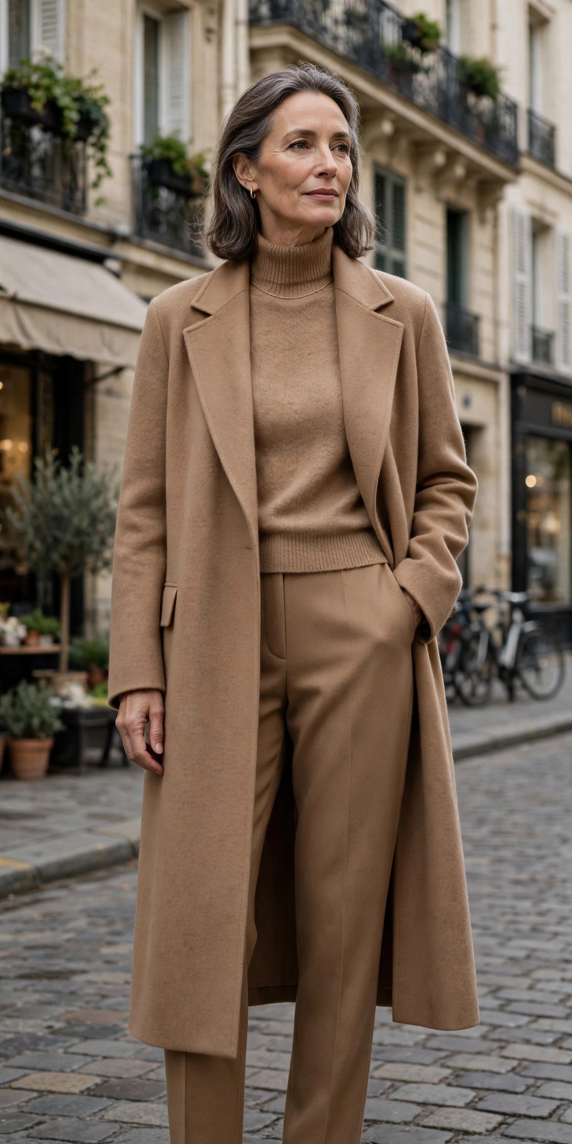 Woman over 50 wearing an elegant monochrome camel coat outfit