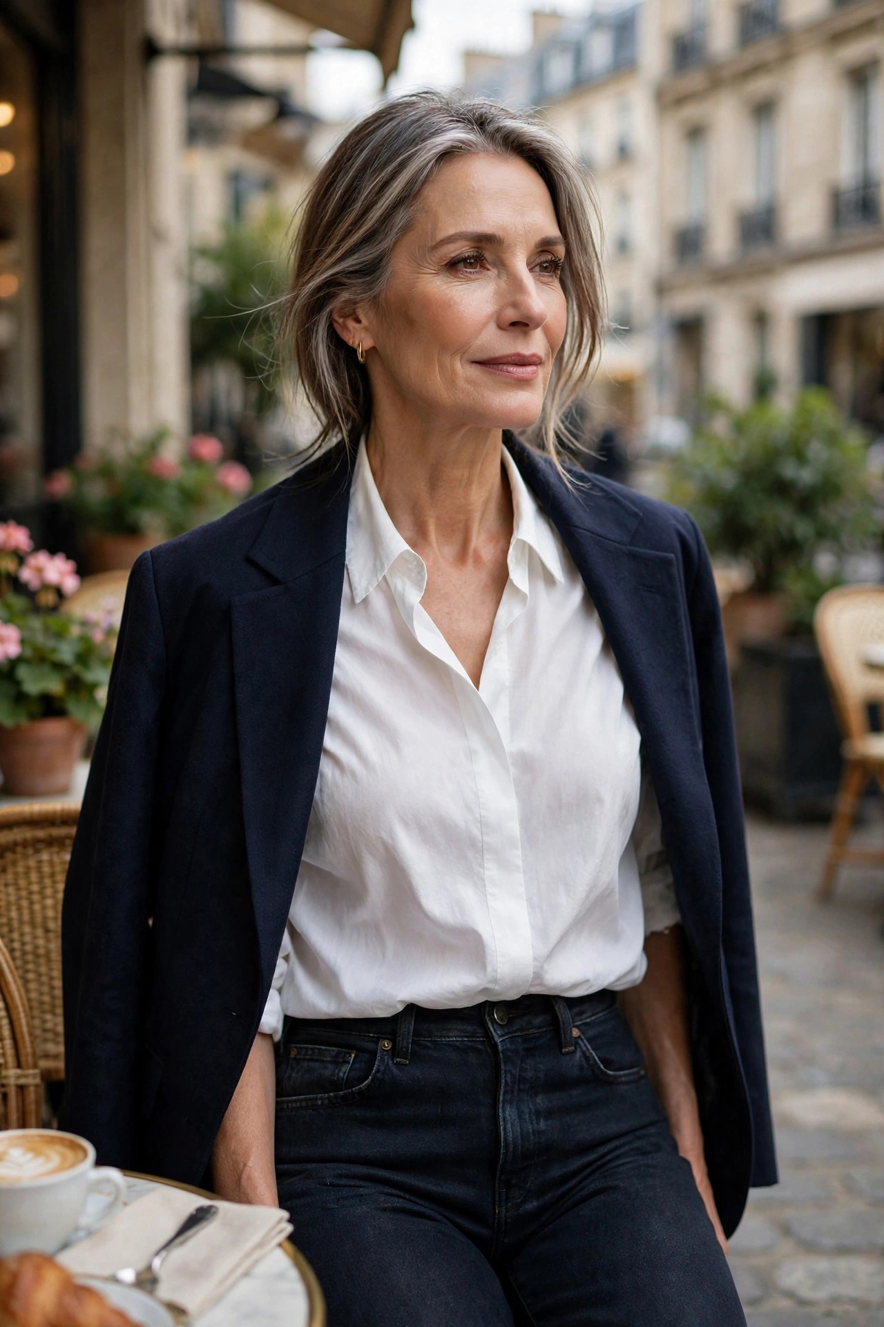Woman over 50 in a navy blazer over white blouse and dark jeans