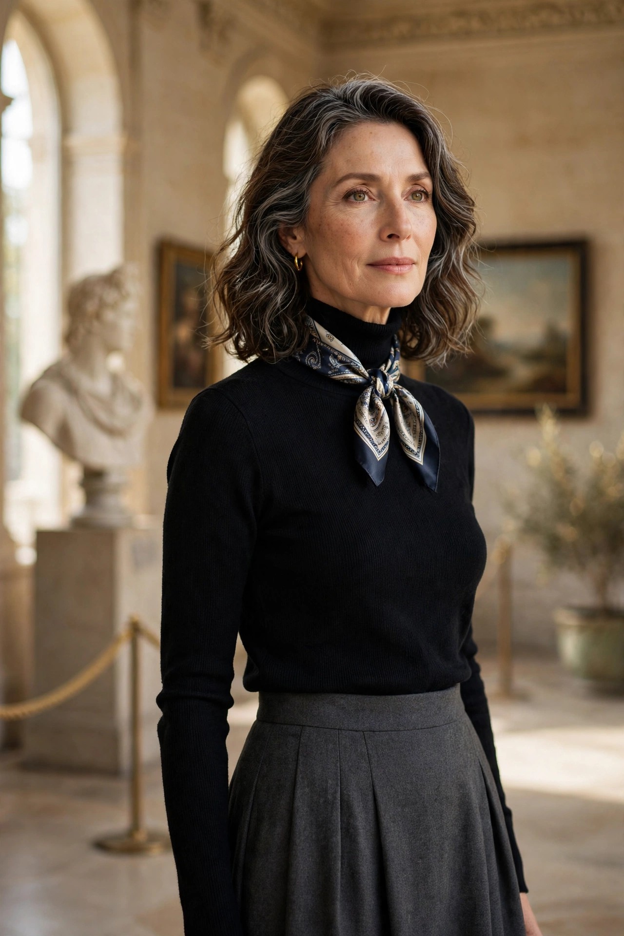 Woman over 50 wearing a patterned silk scarf knotted at the neck
