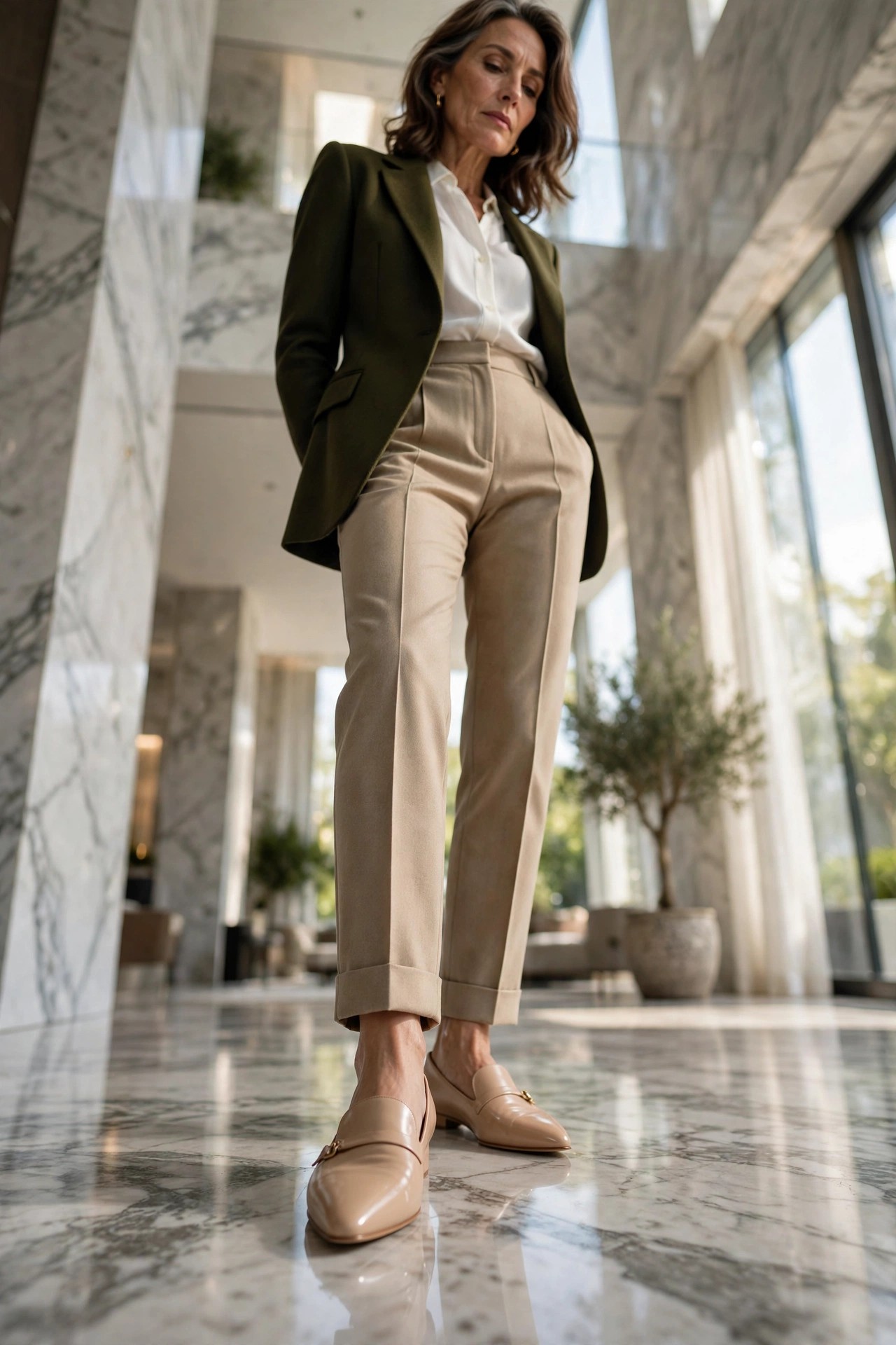 Polished nude loafers with tailored trousers on a woman over 50