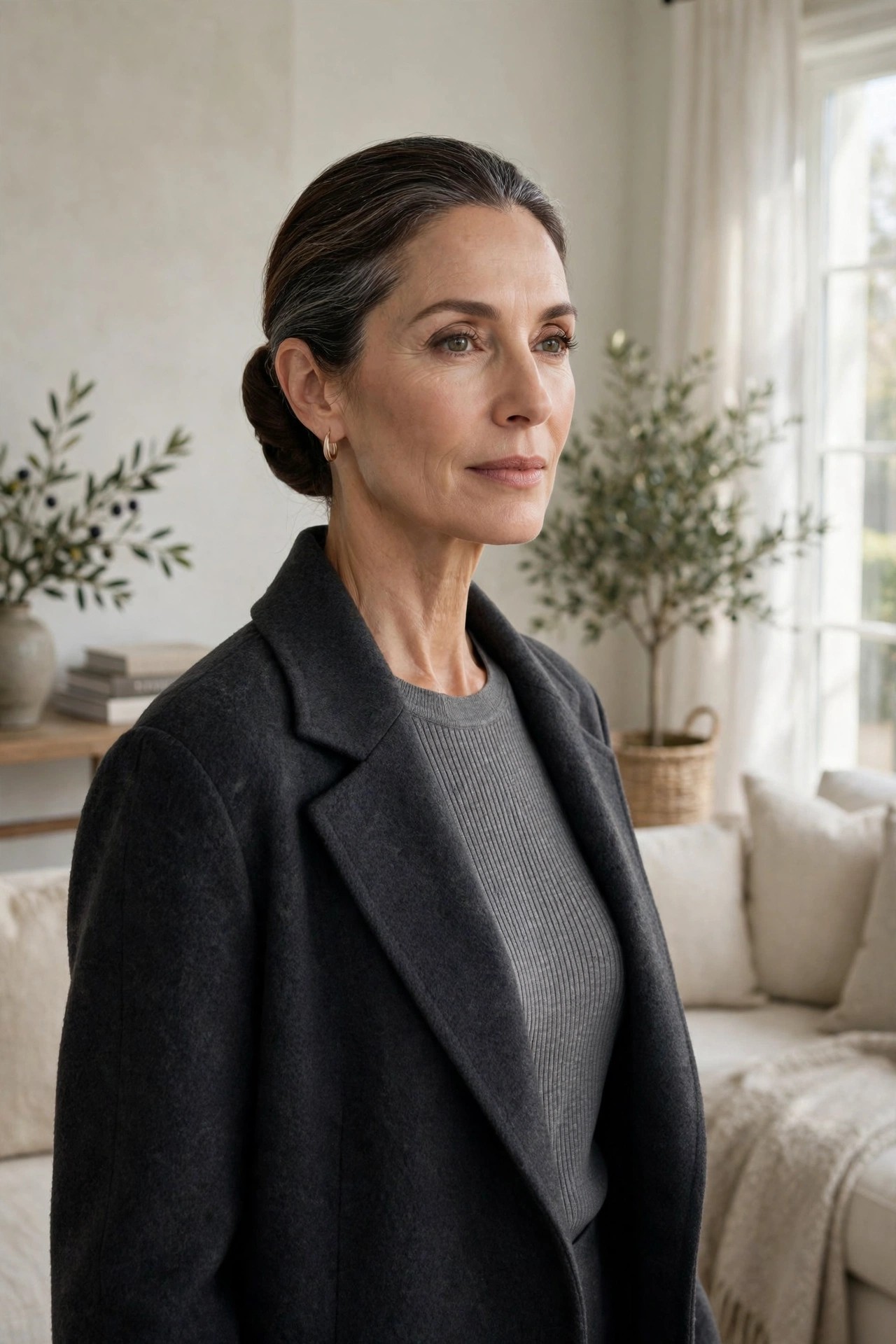 Woman over 50 with a sleek low chignon hairstyle