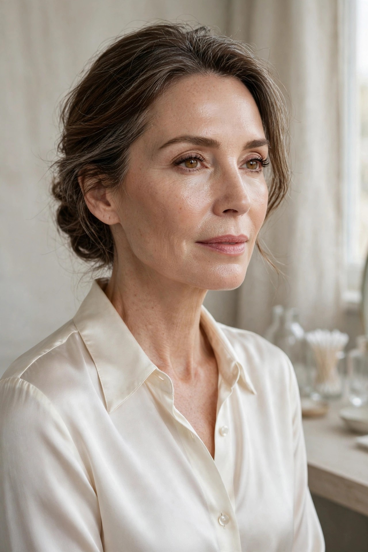Natural soft makeup on a woman over 50 in an ivory silk blouse