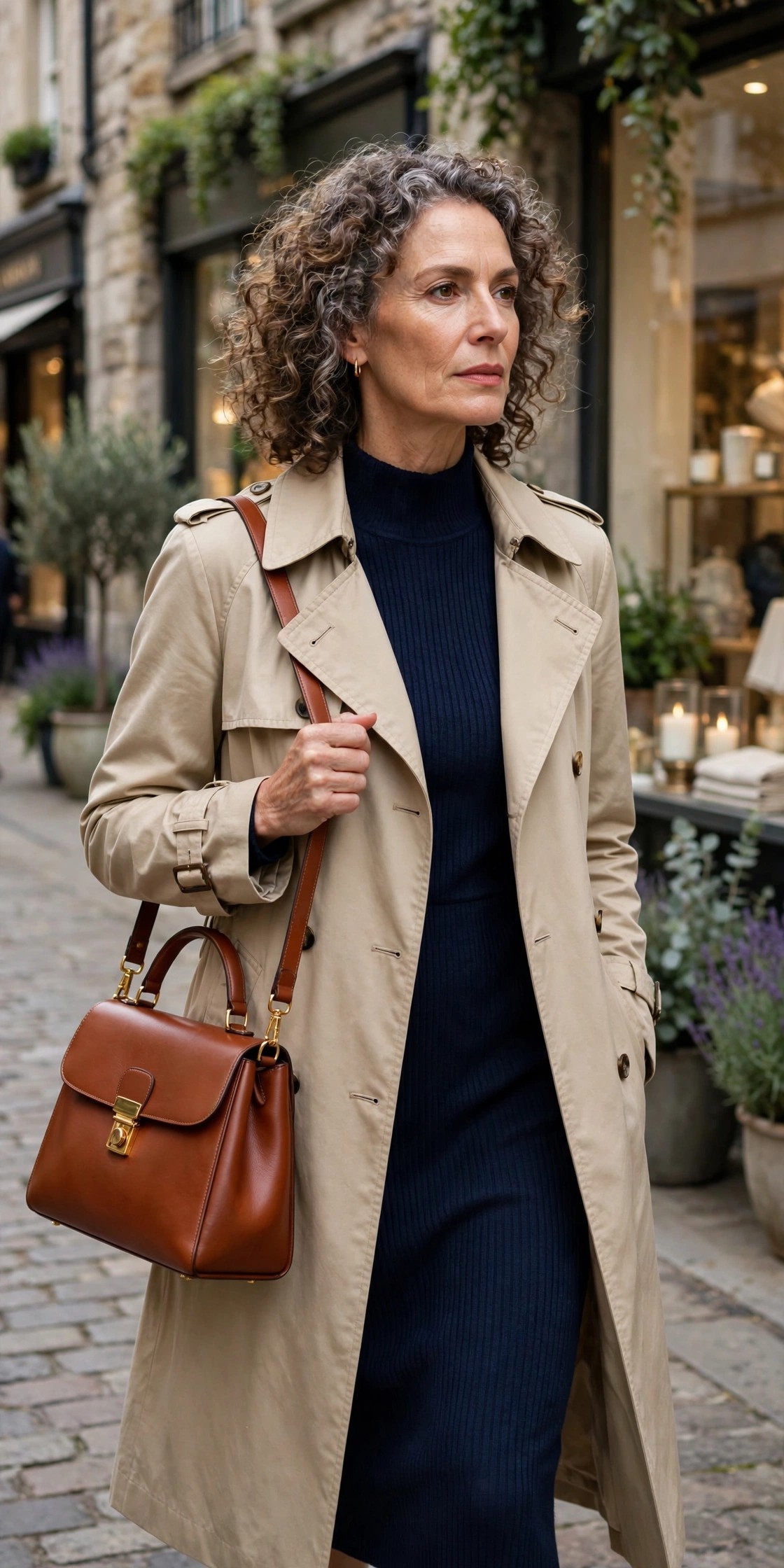 Woman over 50 carrying a structured cognac leather handbag with a trench coat