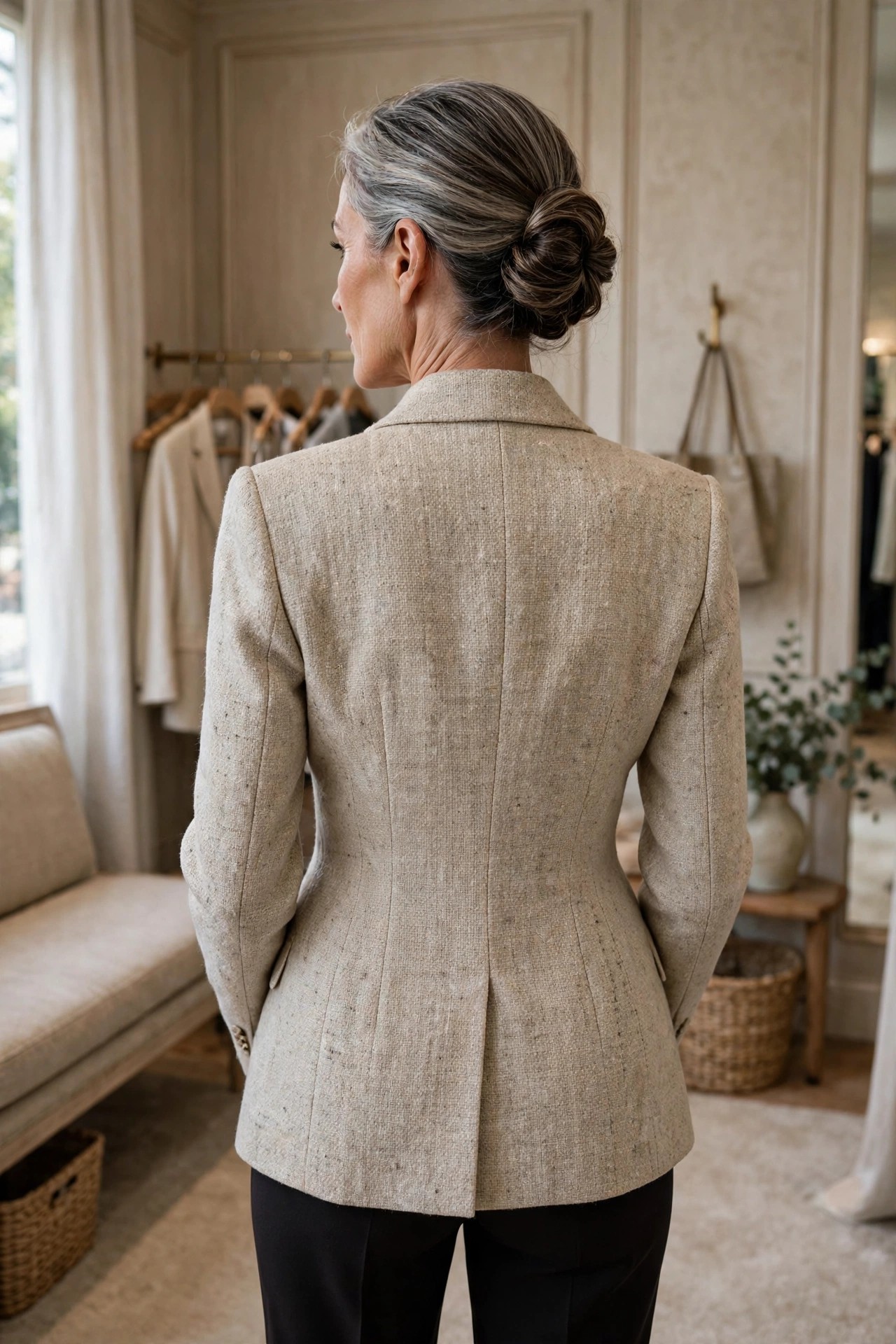 Perfectly tailored tweed blazer nipping at the waist on a woman over 50