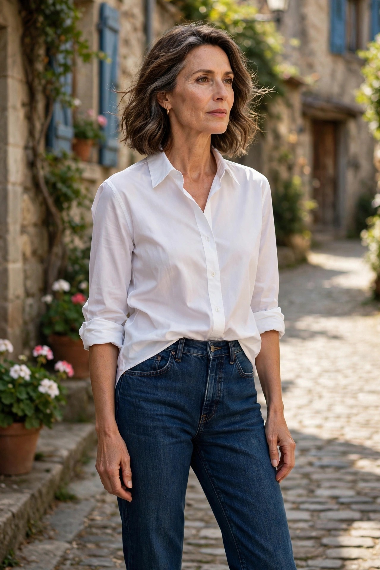 Woman over 50 in a white shirt with rolled sleeves tucked into indigo jeans