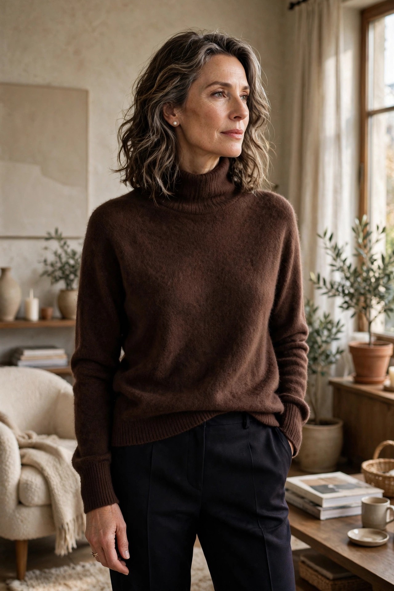 Woman over 50 in a chocolate cashmere sweater with pearl earrings
