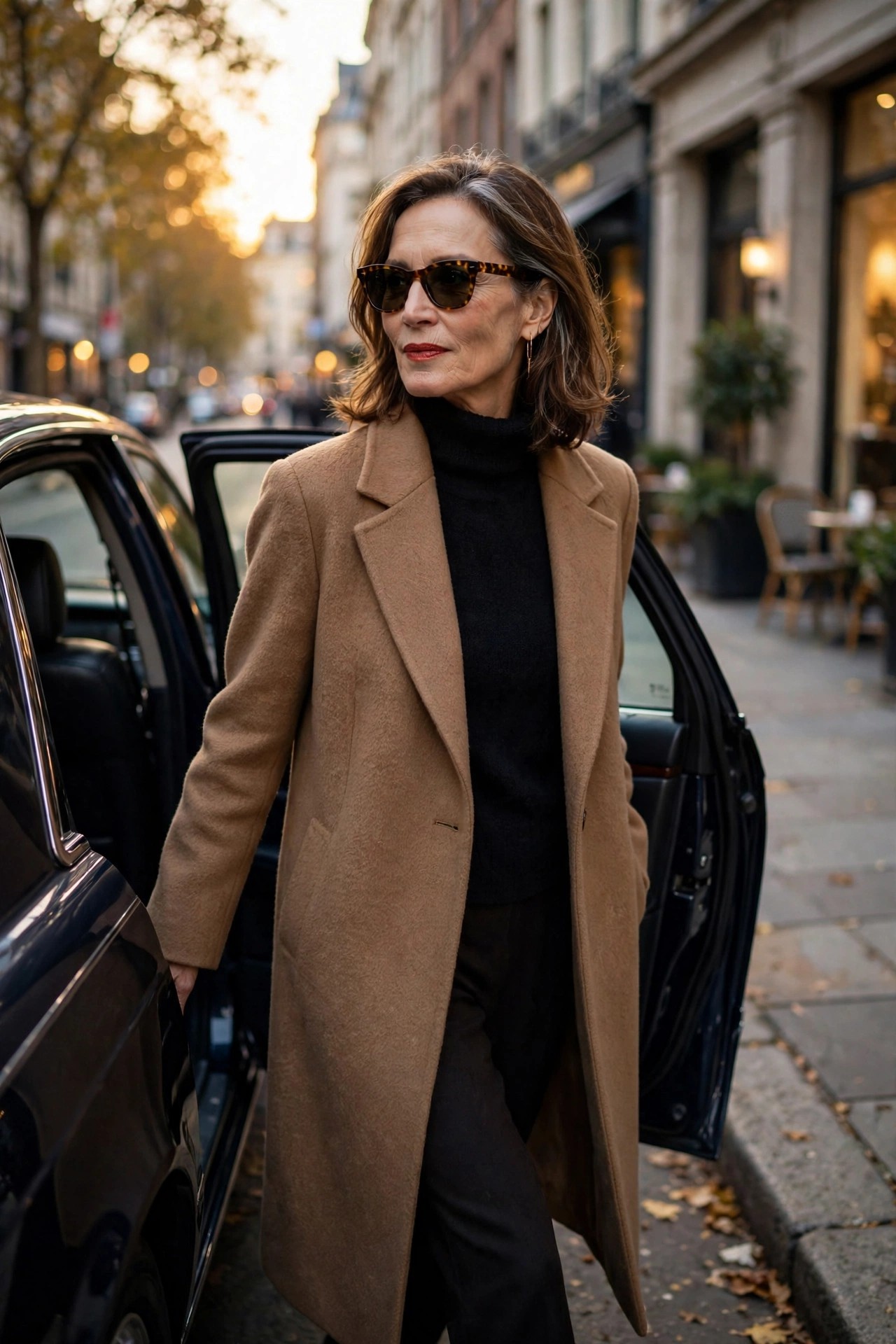 Woman over 50 in a camel coat and sunglasses stepping out of a car
