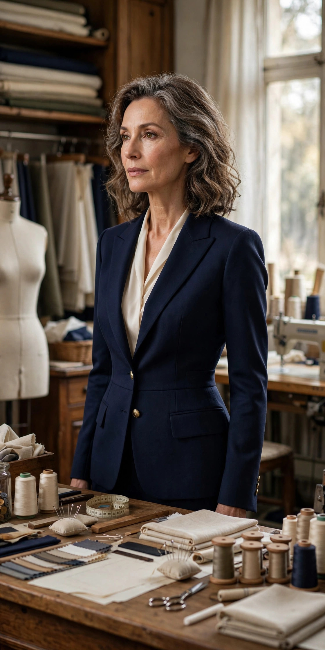 Woman over 50 wearing a tailored navy blazer in a tailor's atelier