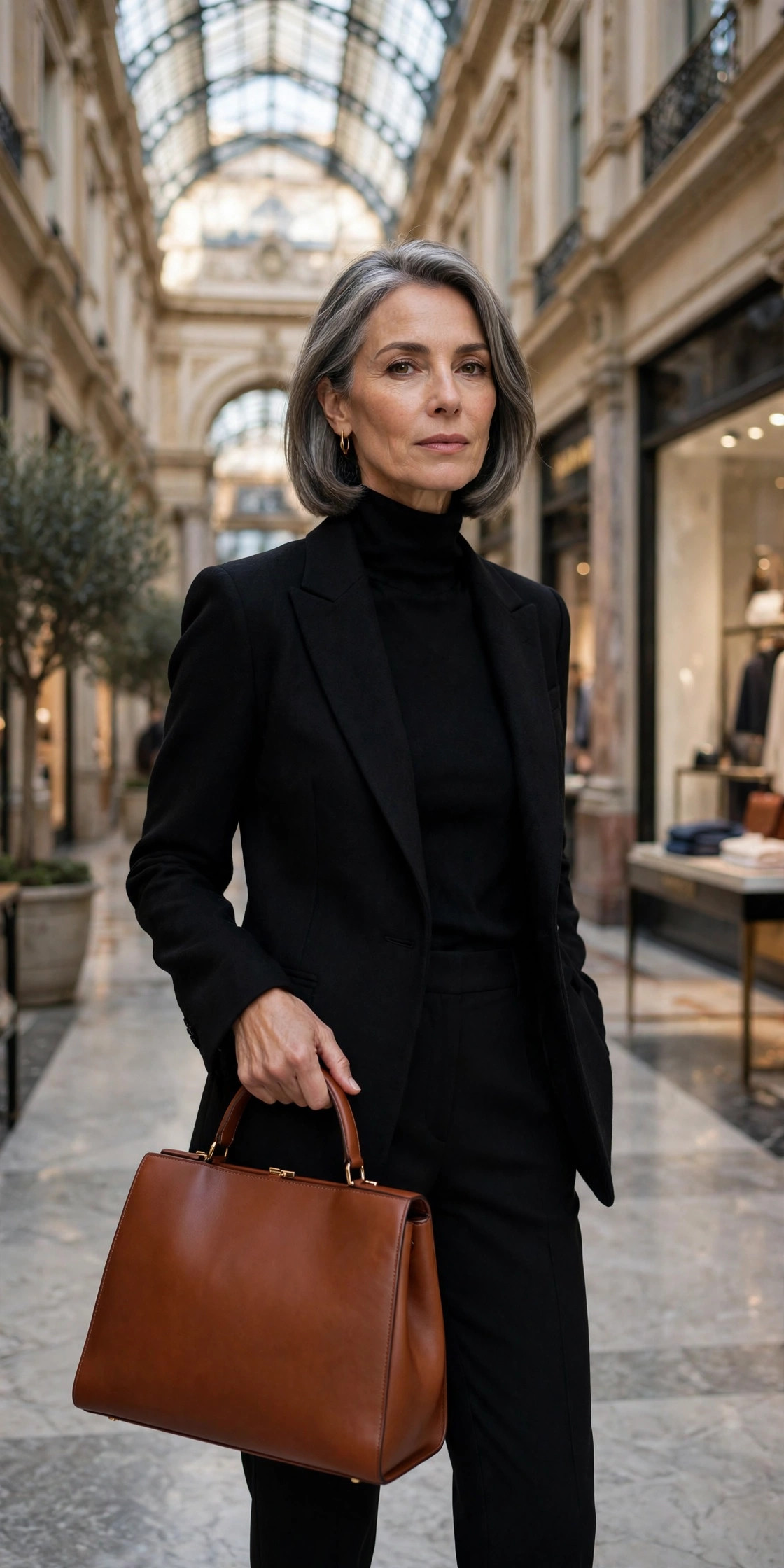 Woman over 50 in black carrying a structured cognac leather handbag