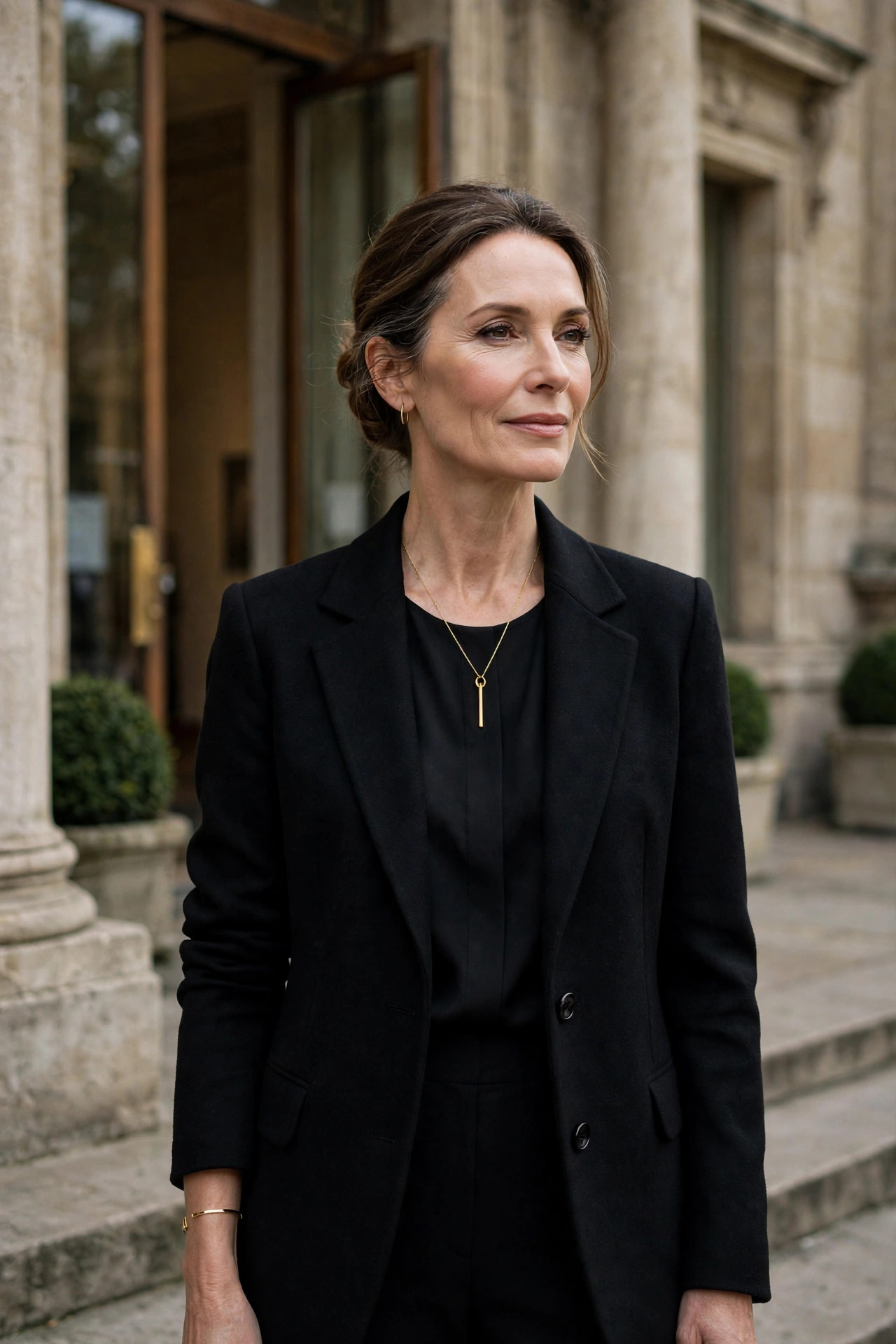 Woman over 50 in black with a single gold pendant necklace and gold bracelet