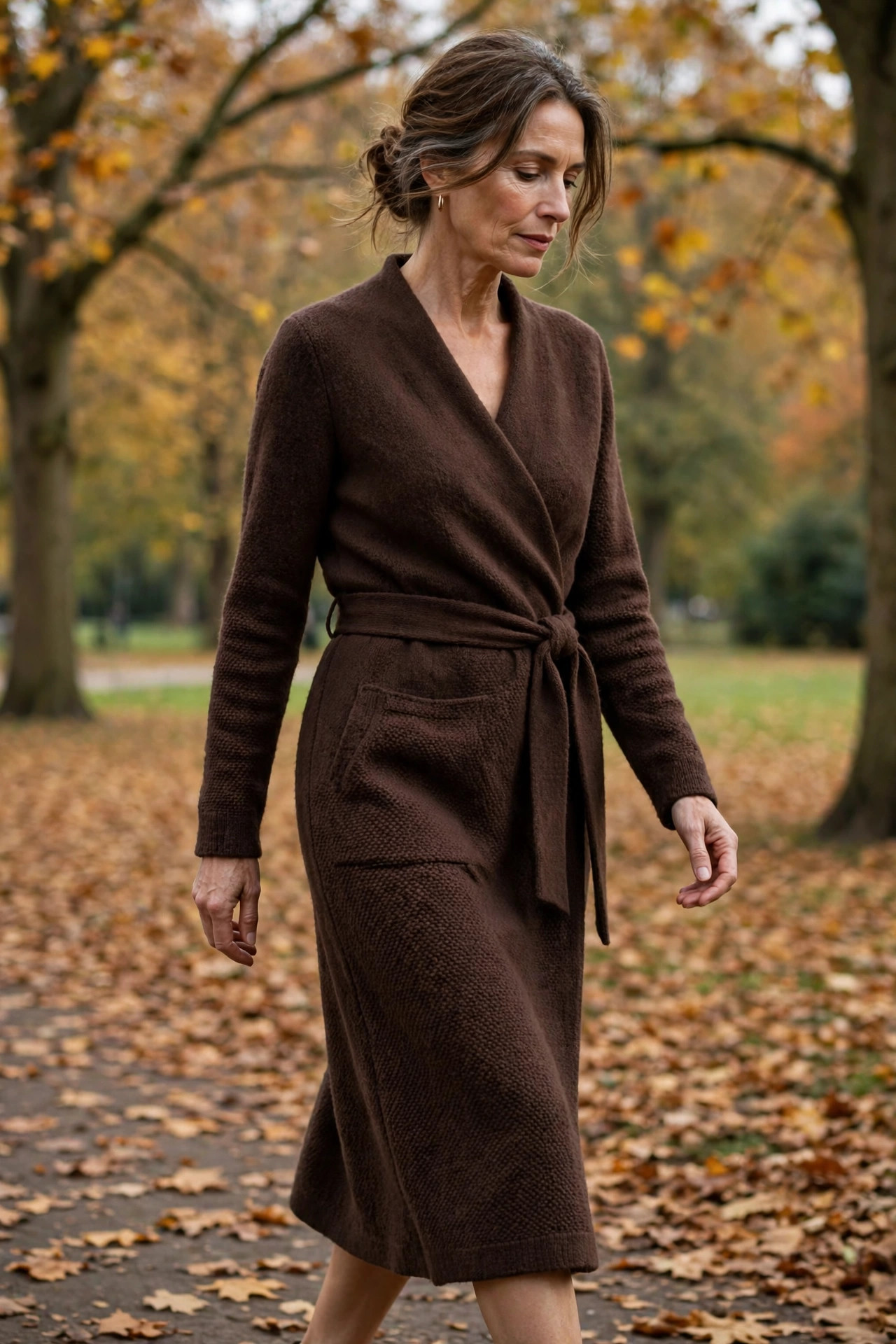 Woman over 50 in a matte chocolate brown wool wrap dress in an autumn park