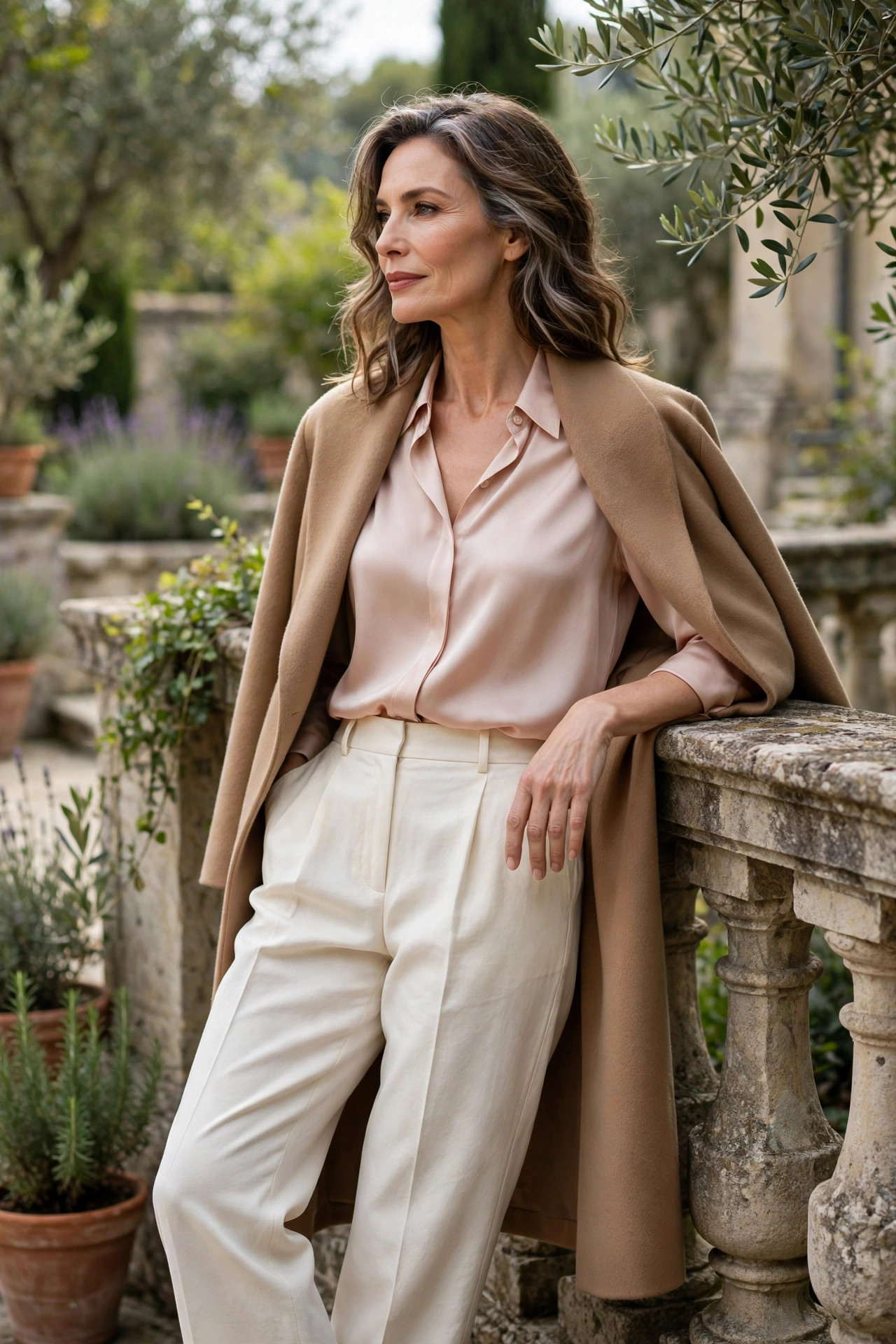 Woman over 50 in cream trousers and blush silk with a camel coat draped over shoulders