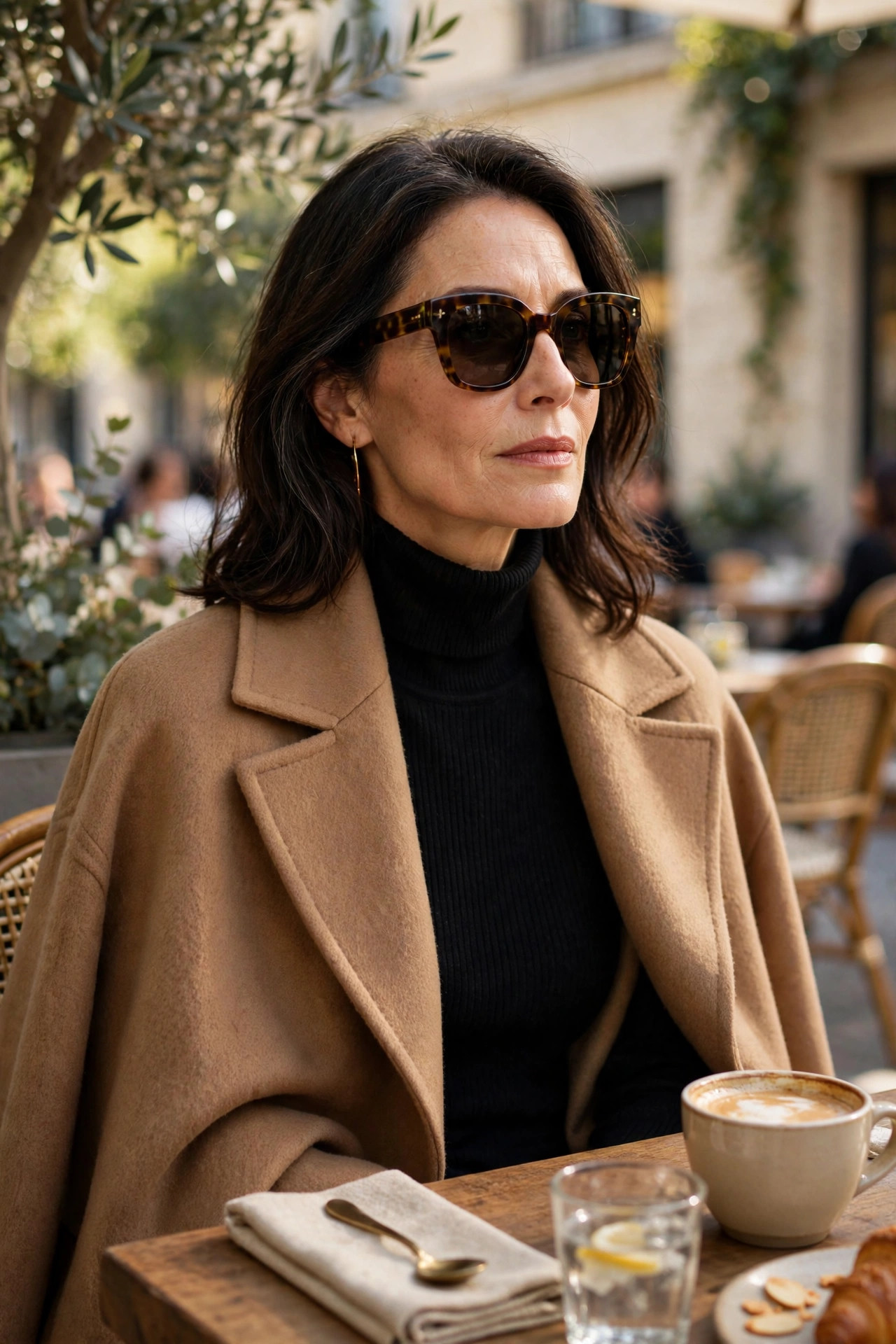 Woman over 50 in tortoiseshell sunglasses, black turtleneck and camel coat at a cafe