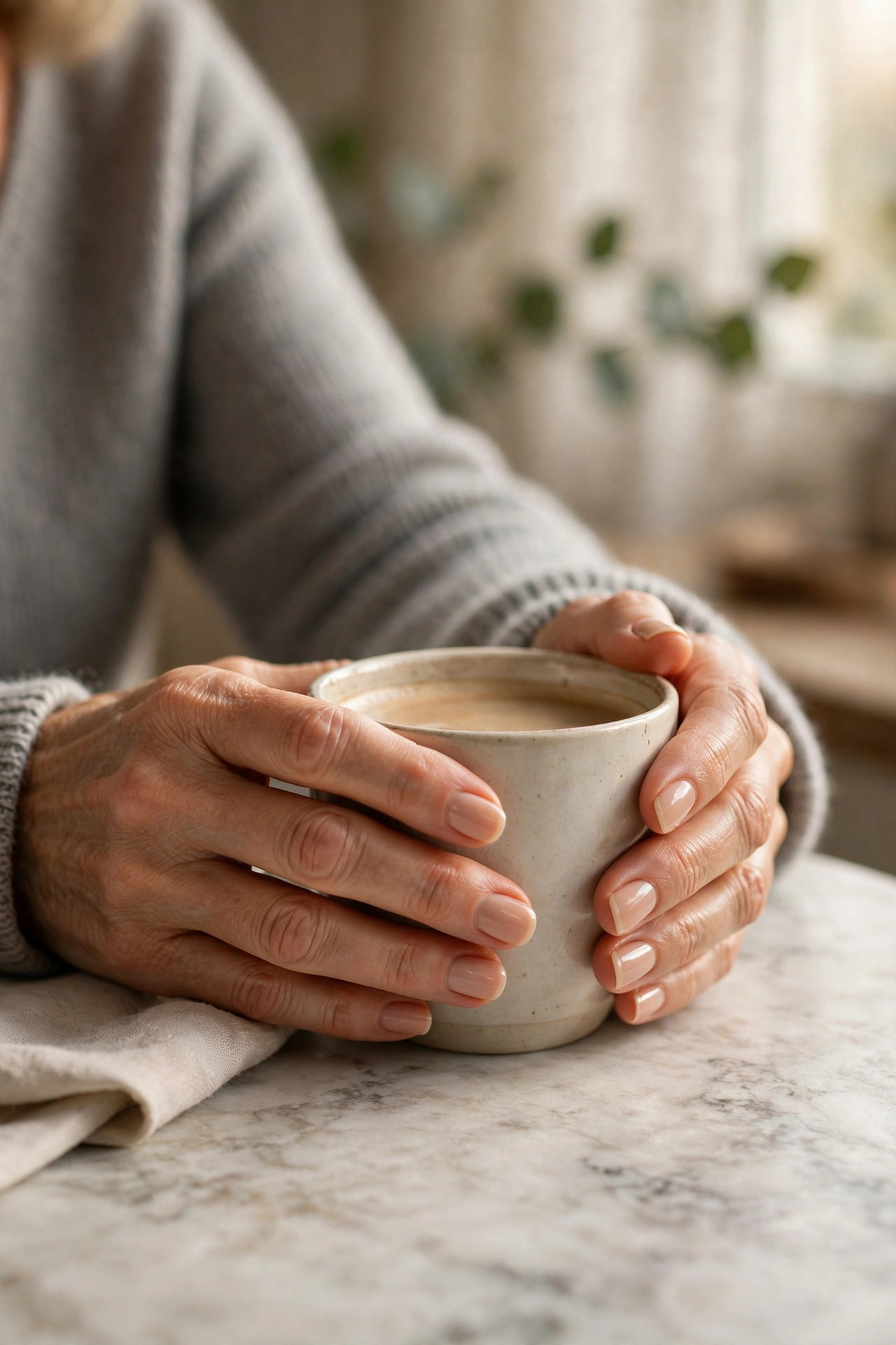 Groomed hands with nude polished nails holding a coffee cup