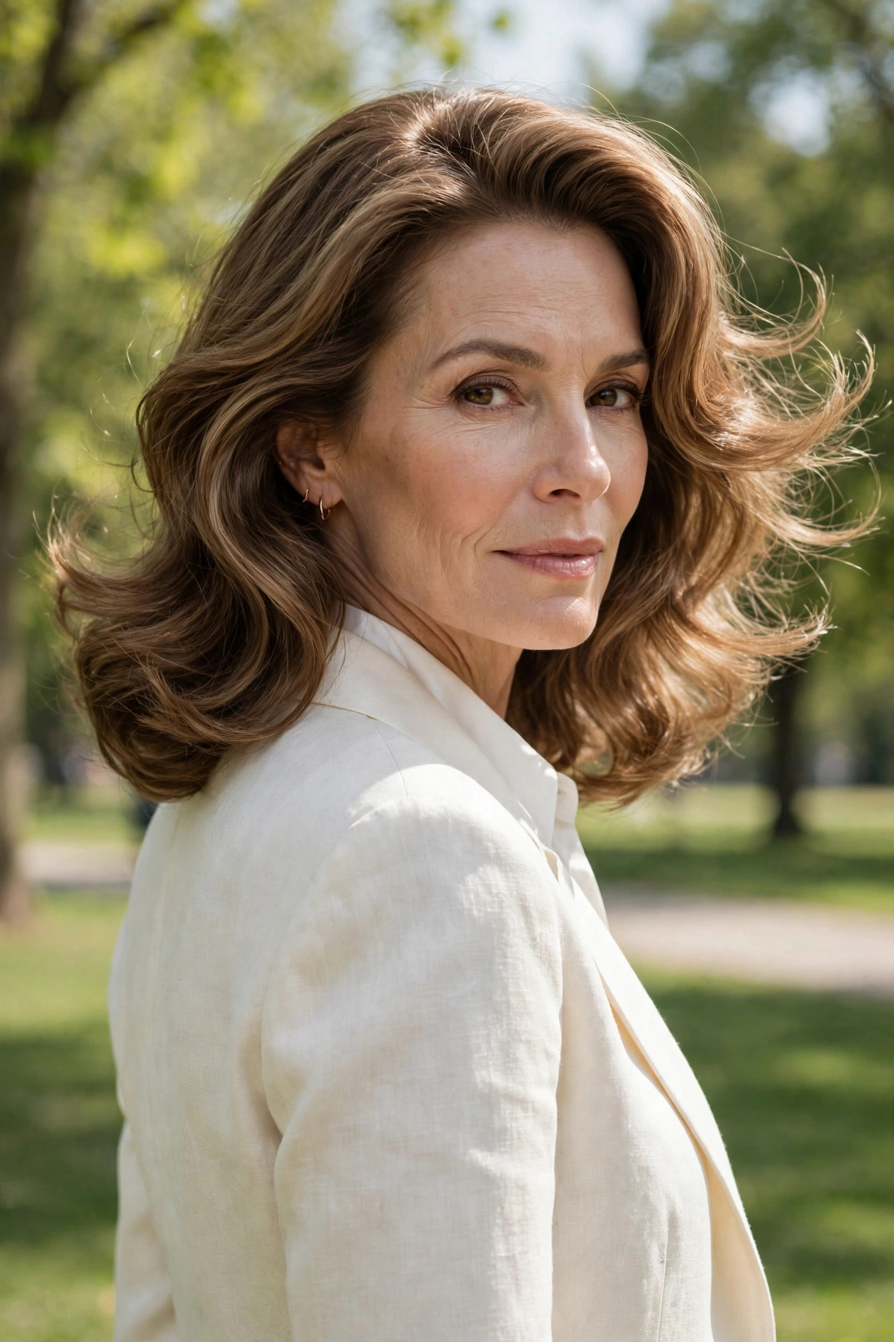 Woman over 50 with glossy salon blowout hair wearing an ivory blazer