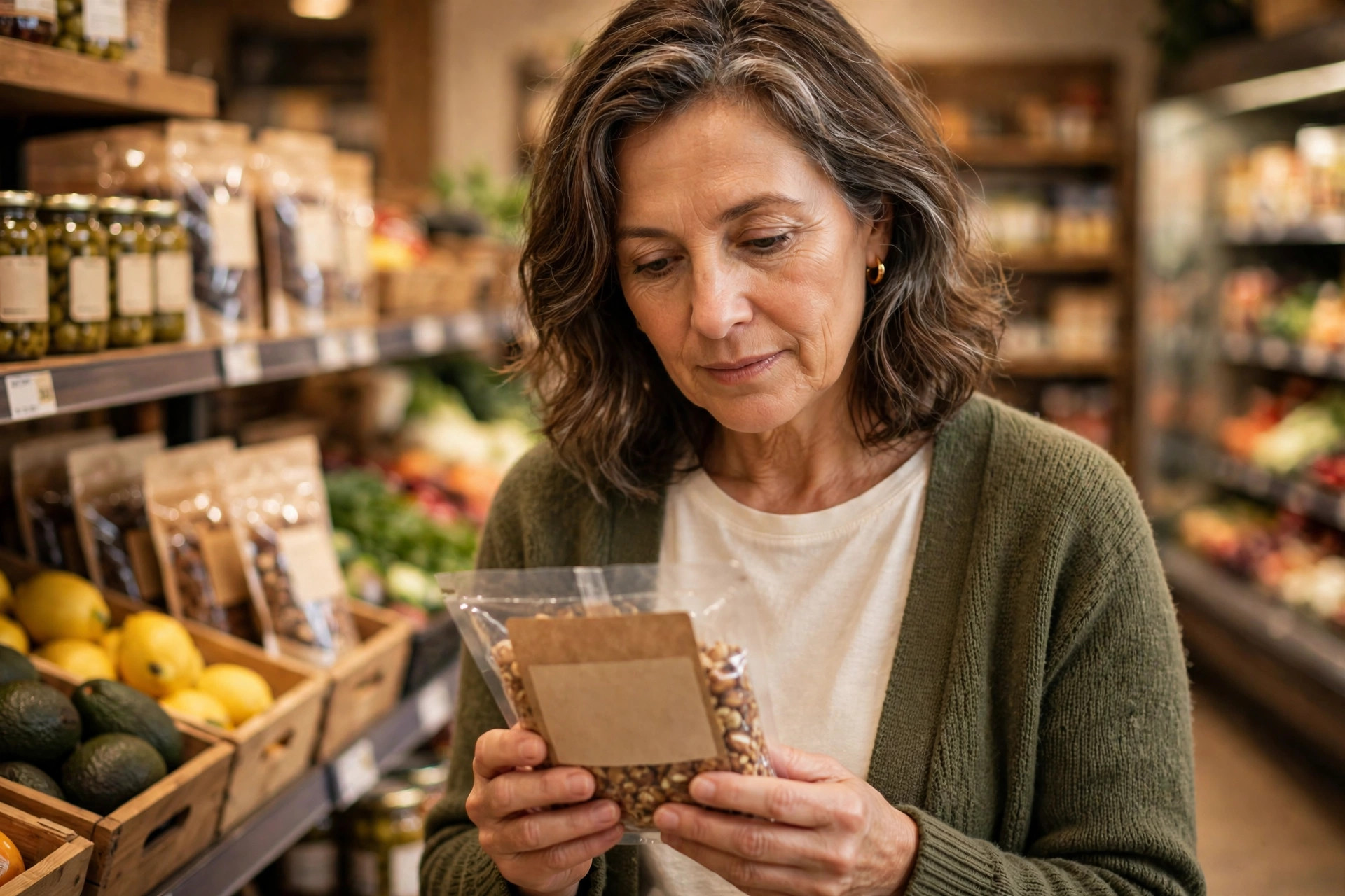 Woman in her 50s reading a food label in a grocery store