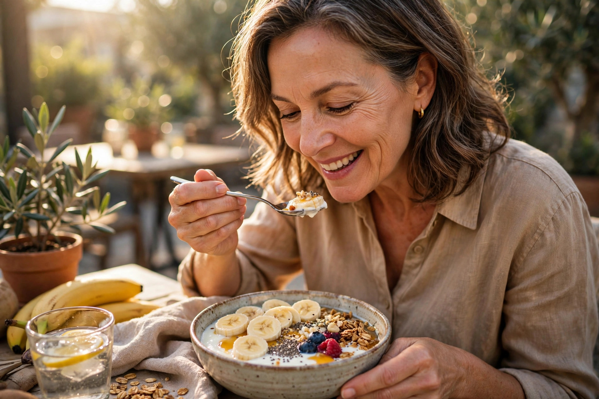 Woman in her 50s enjoying a banana and yogurt breakfast bowl