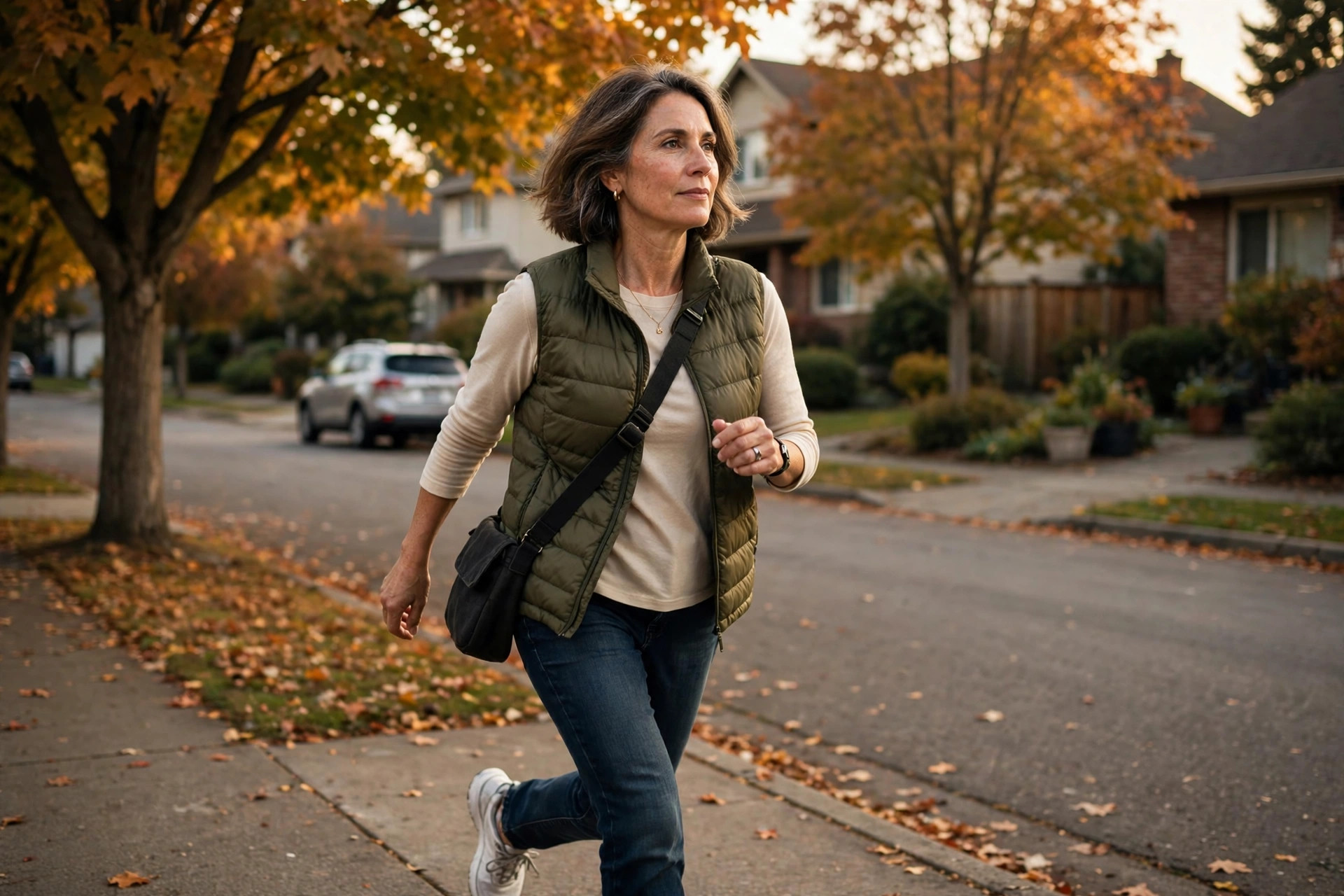 Woman in her 50s walking briskly on a quiet neighborhood street