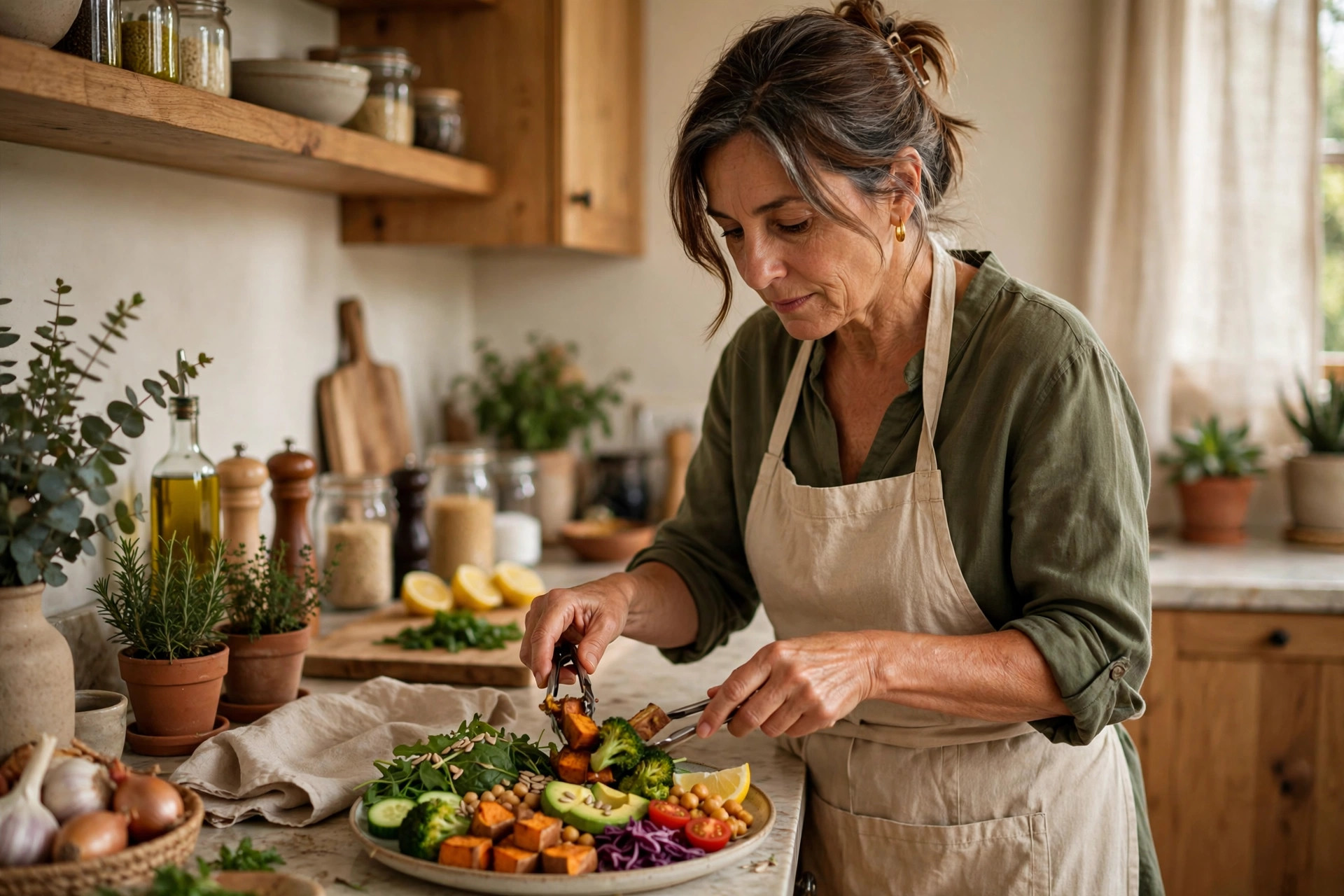 Woman in her 50s preparing a balanced colorful lunch plate