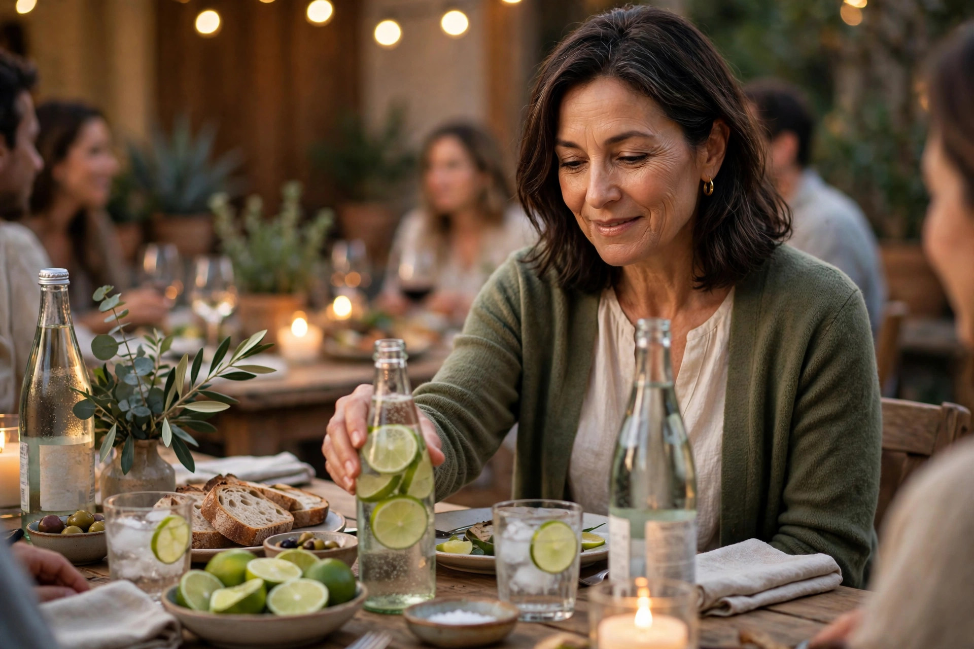 Woman in her 50s choosing sparkling water with lime at dinner