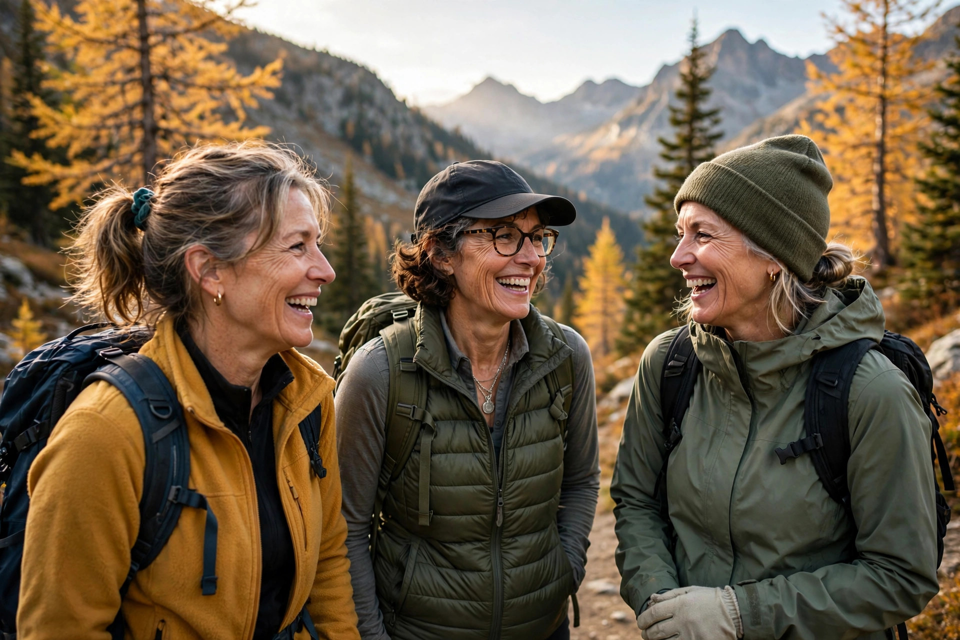 Woman in her 50s hiking in fresh mountain air with friends