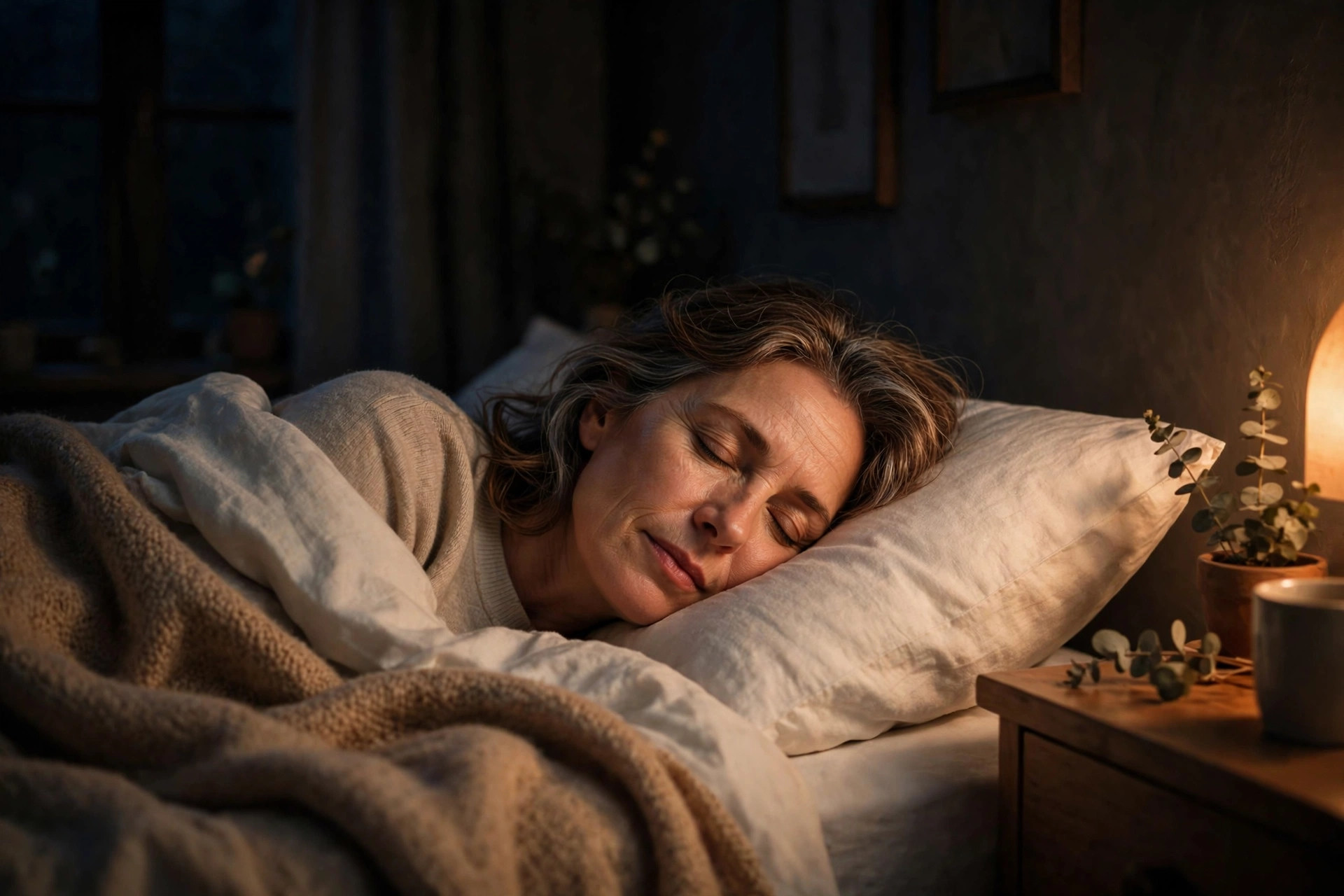 Woman in her 50s sleeping soundly in a dark peaceful bedroom