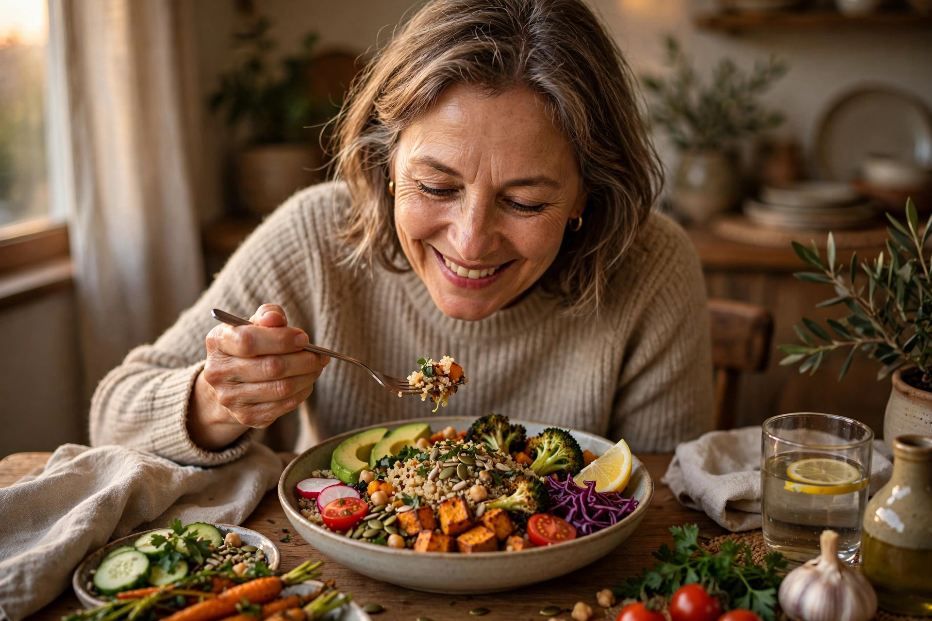 Woman in her 50s enjoying a vibrant vegetable and grain dinner