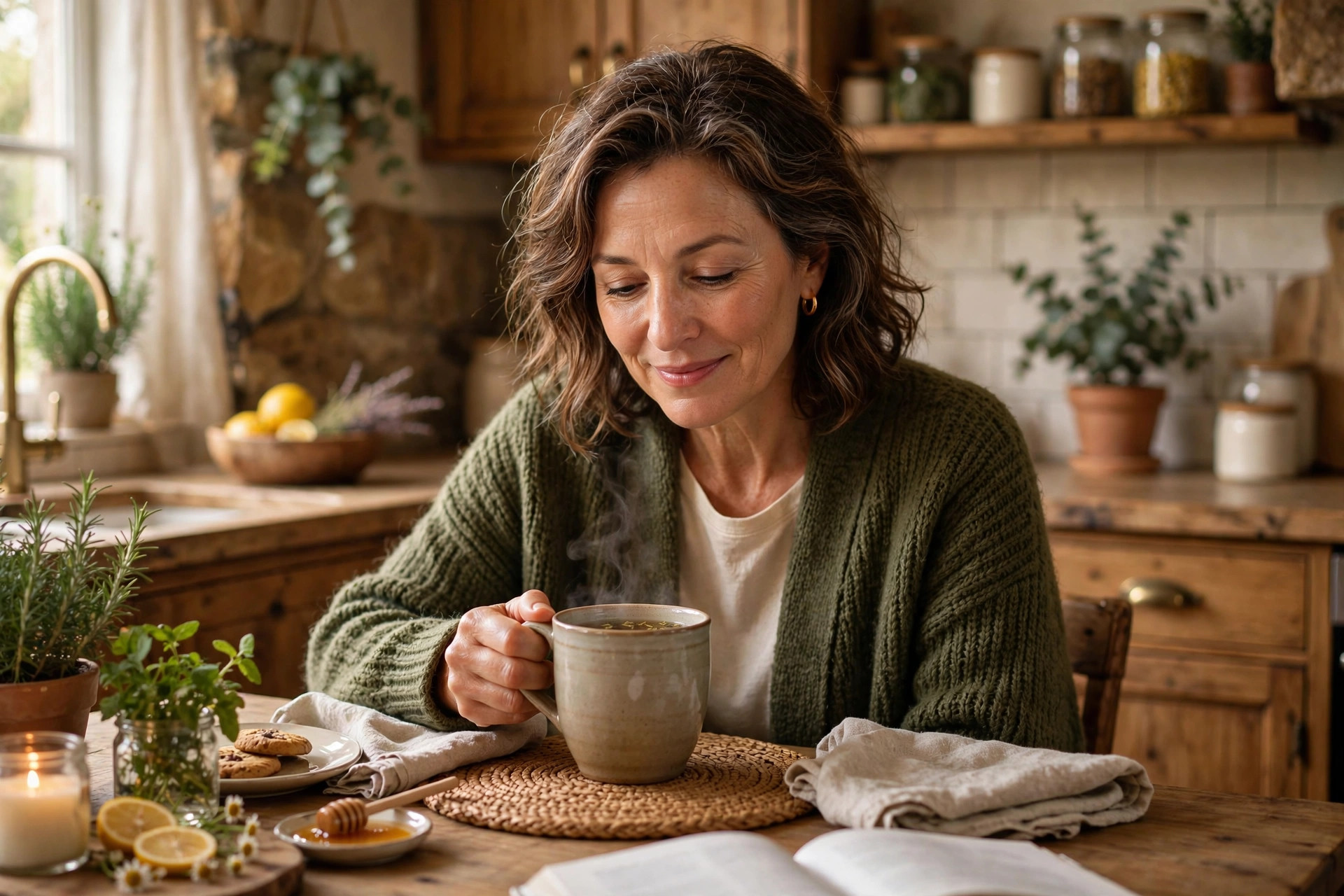 Woman in her 50s enjoying herbal tea in a cozy kitchen