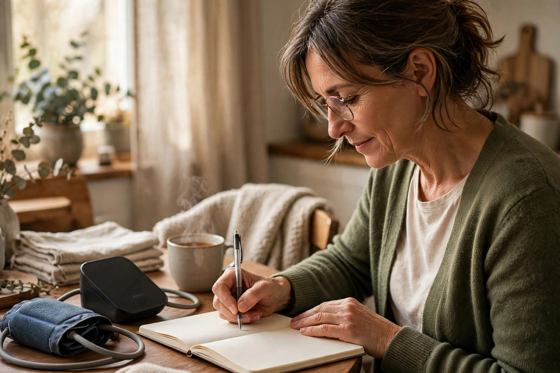 Woman in her 50s writing blood pressure readings in a notebook