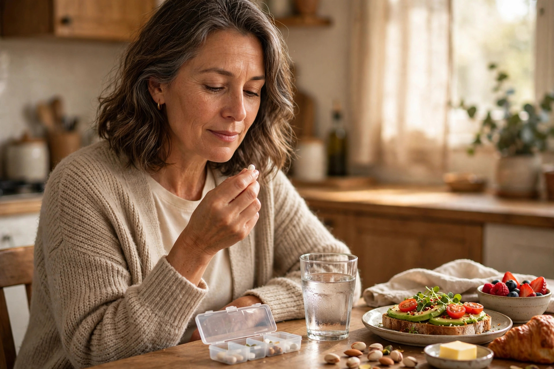 Woman in her 50s taking morning medication with water