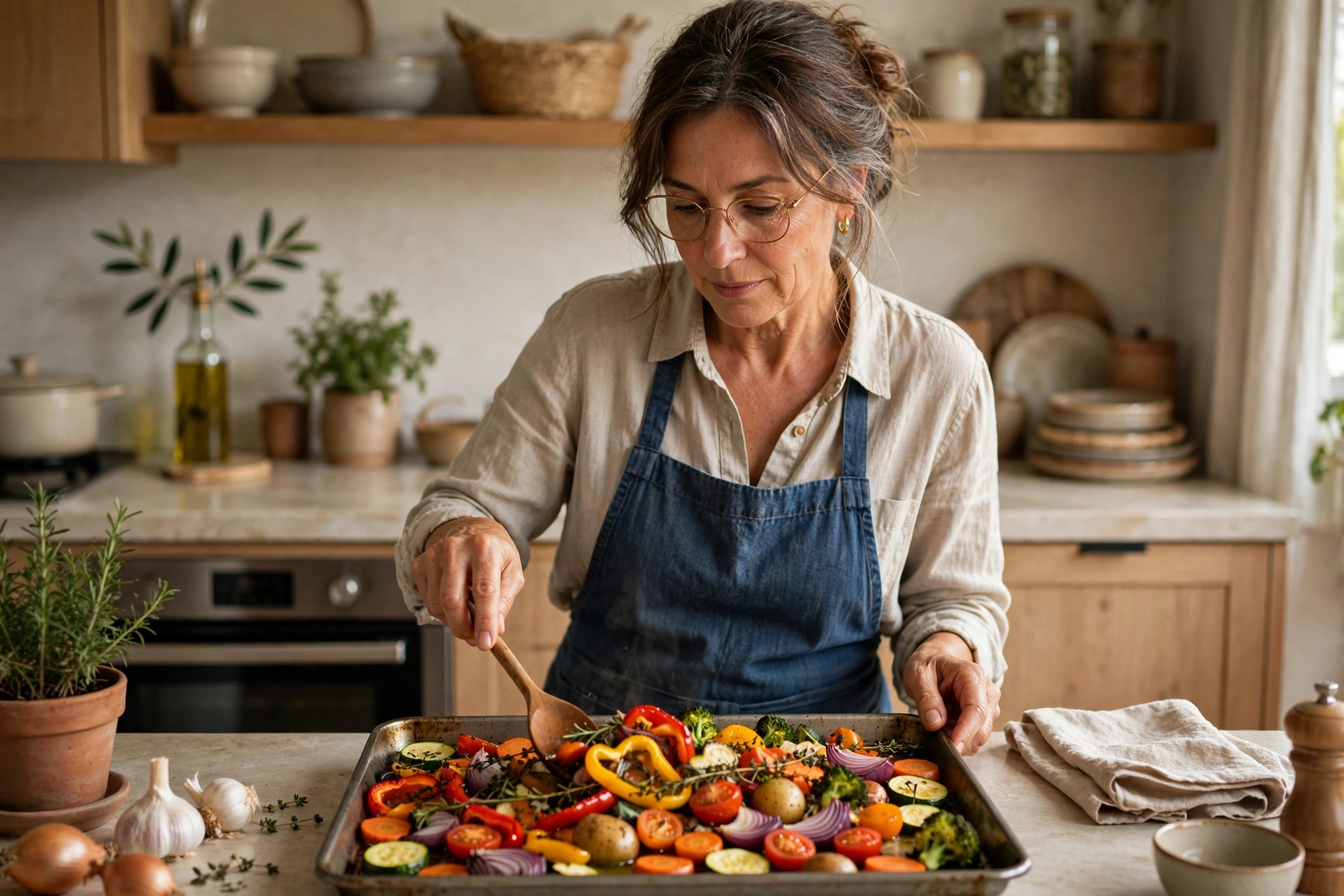 Woman in her 50s roasting a colorful tray of vegetables