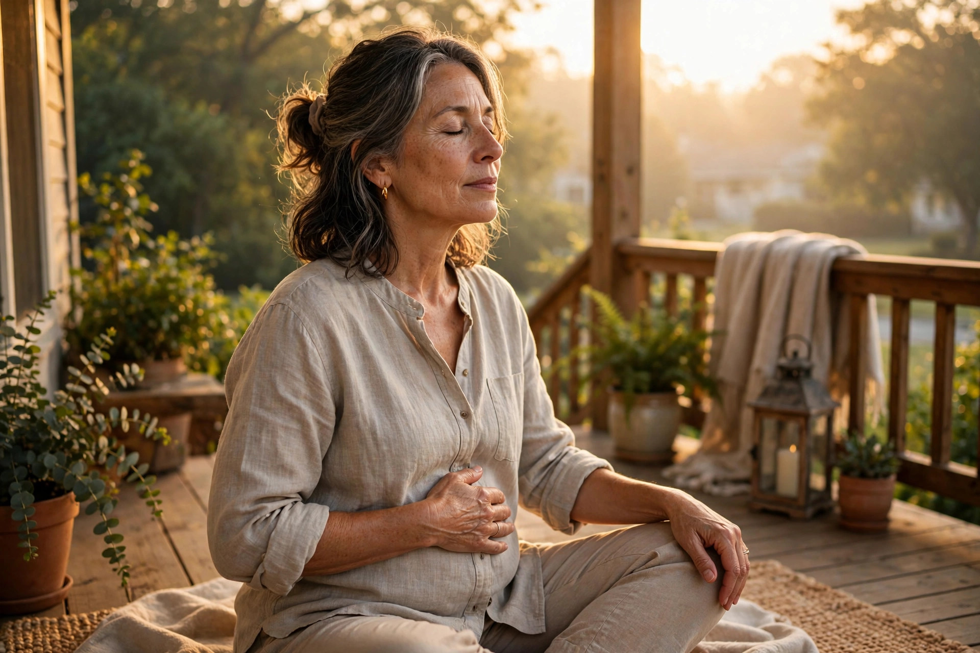 Woman in her 50s doing slow breathing exercises at sunrise