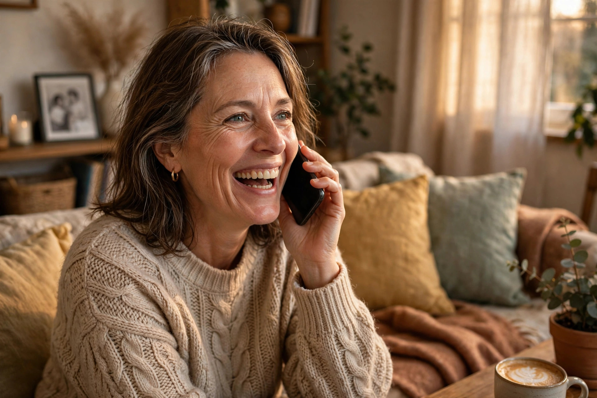 Woman in her 50s laughing on a phone call at home