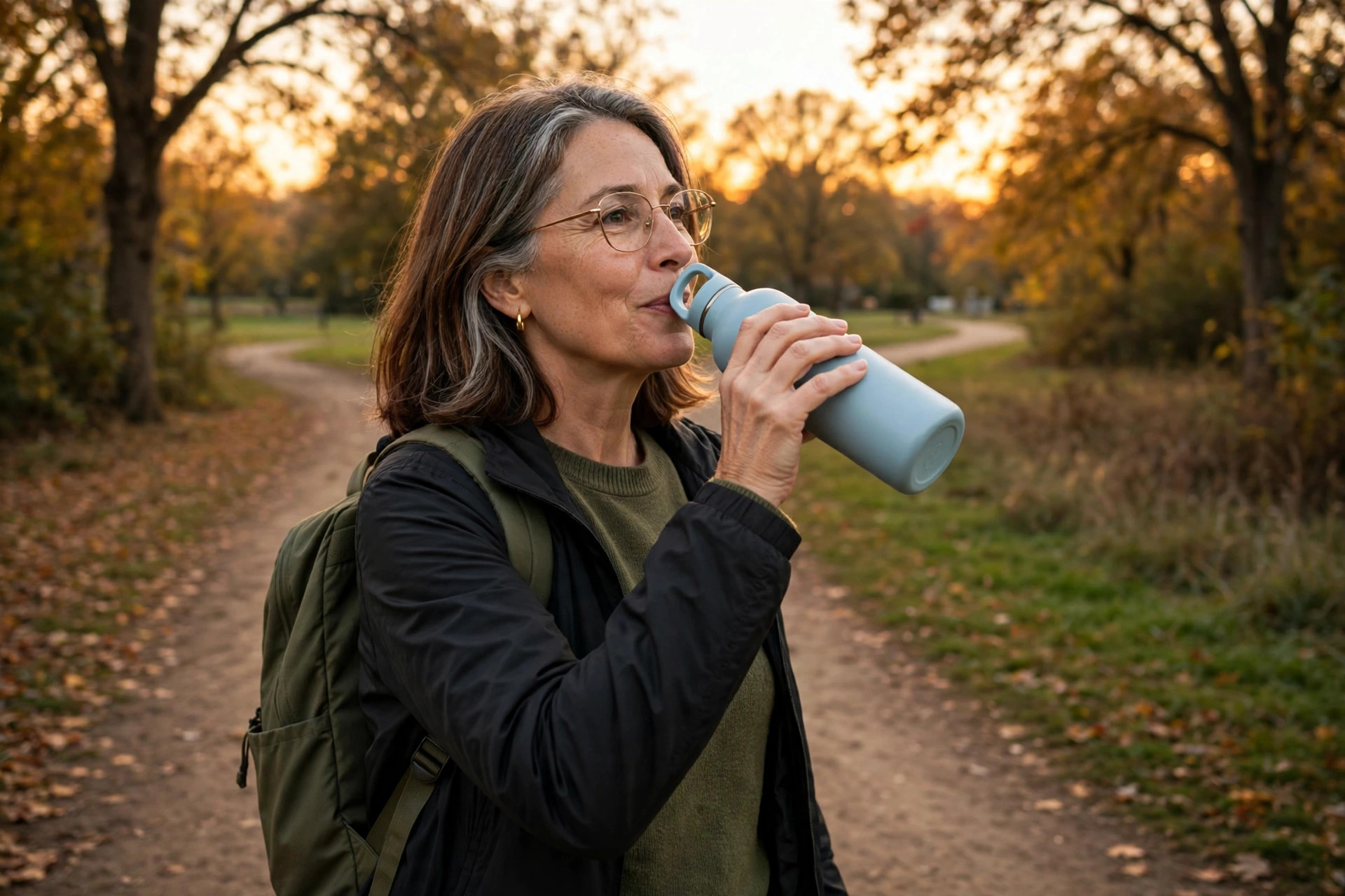 Woman in her 50s drinking water during a walk