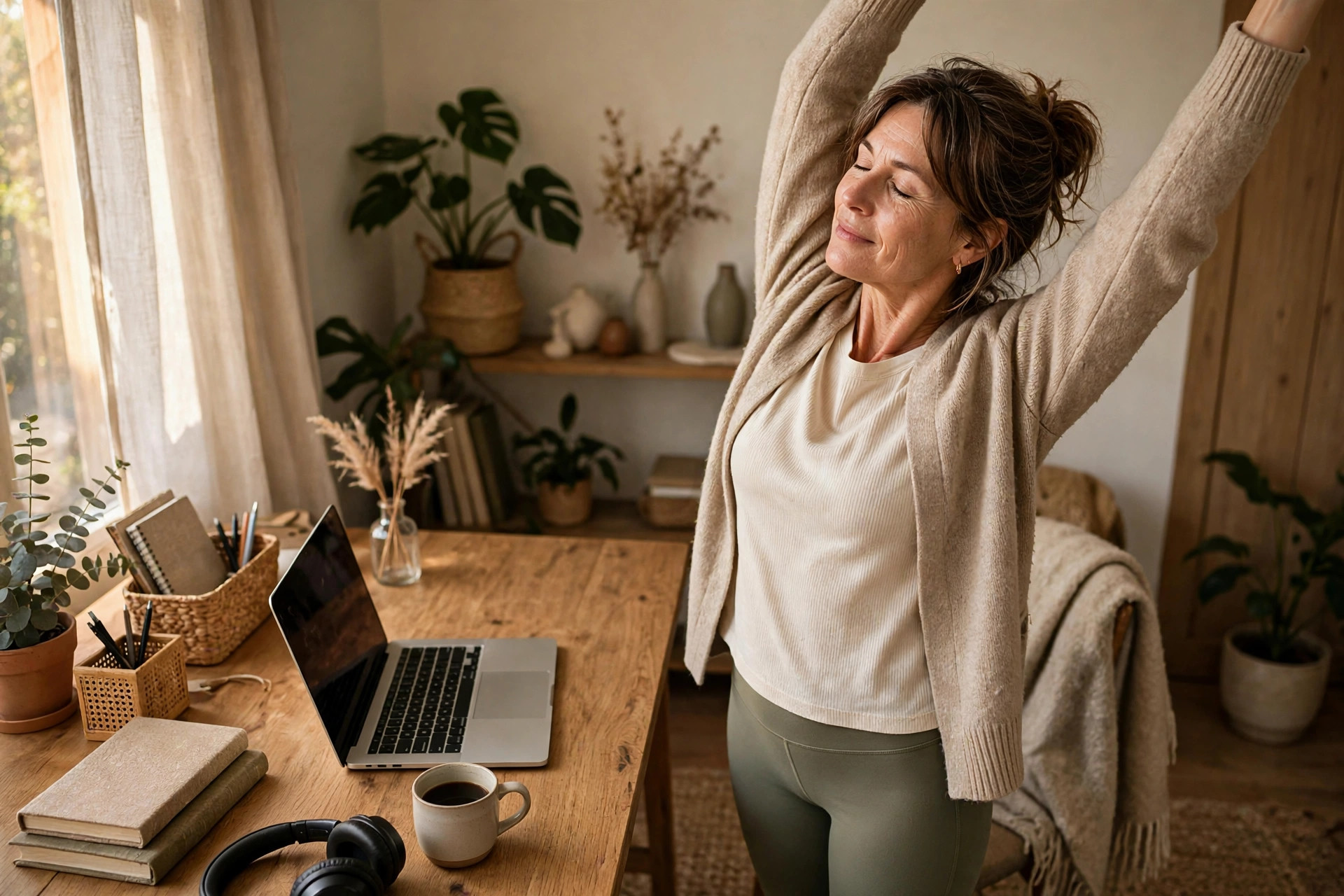 Woman in her 50s standing and stretching beside her desk