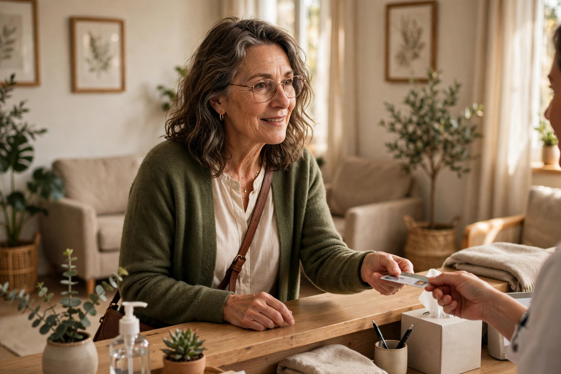 Woman in her 50s checking in at a doctor's office