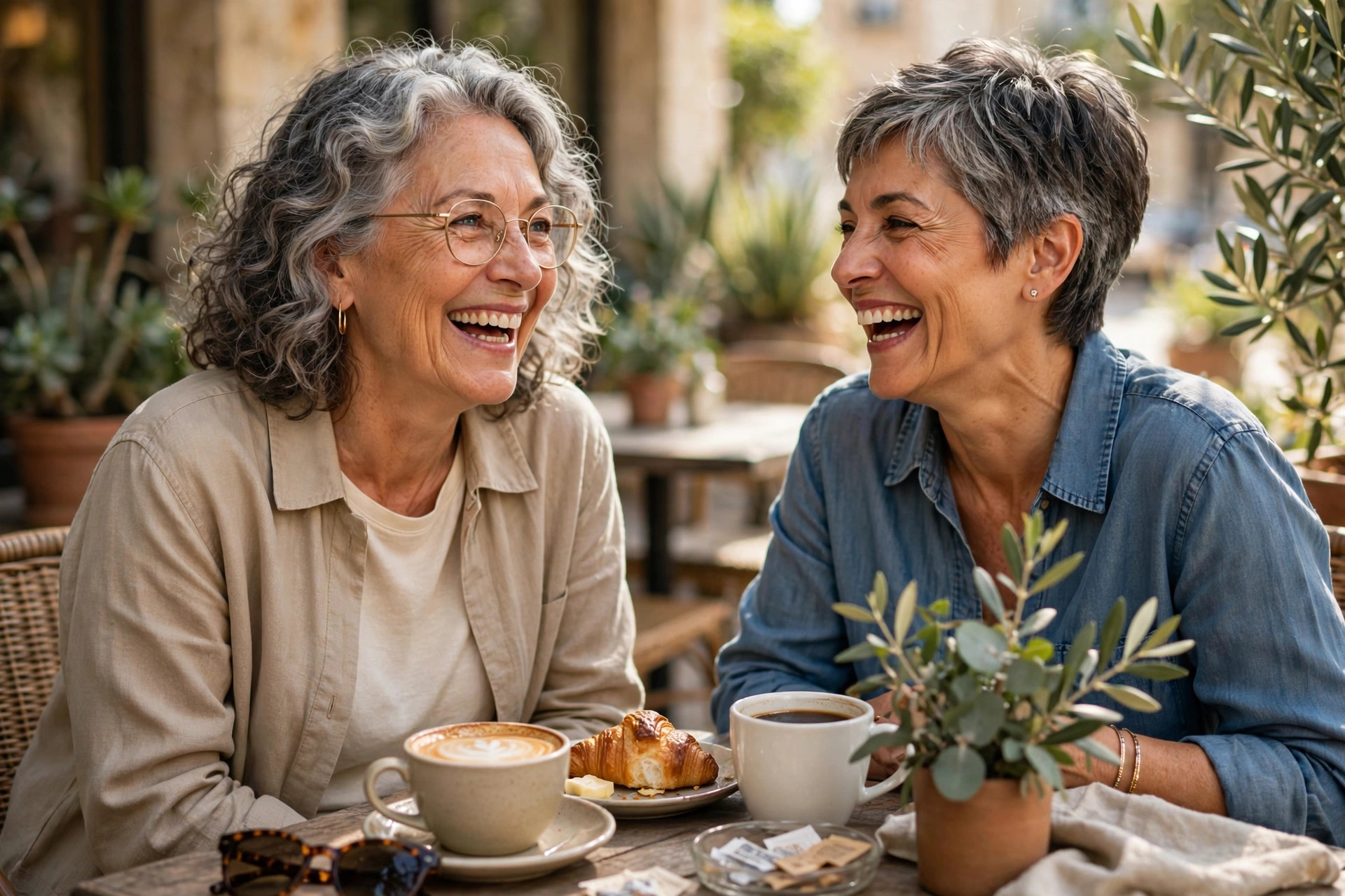 Two women in their 60s laughing over coffee at a sunny café