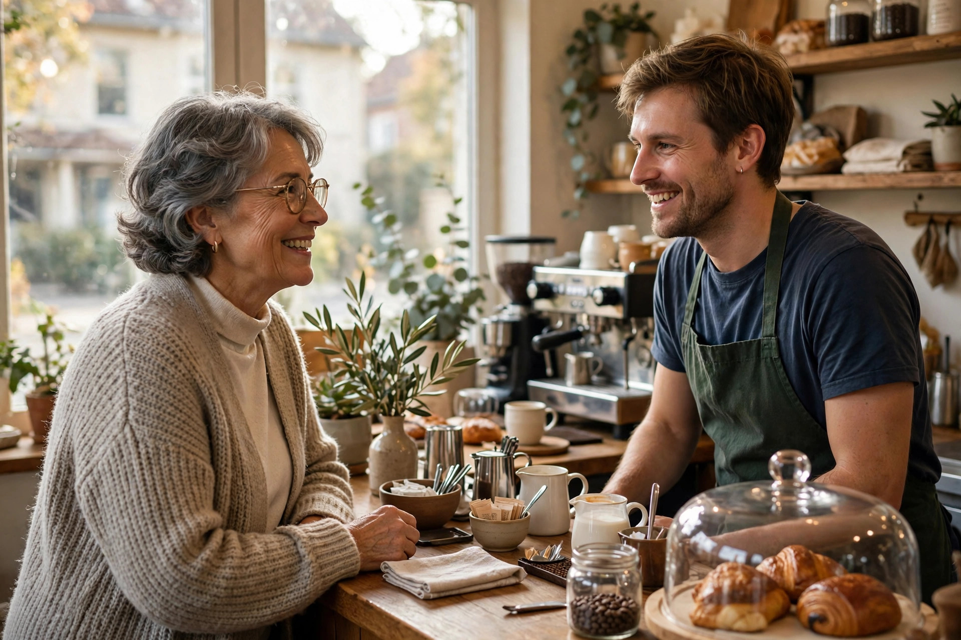 Woman in her 60s chatting with a barista at a cozy coffee shop