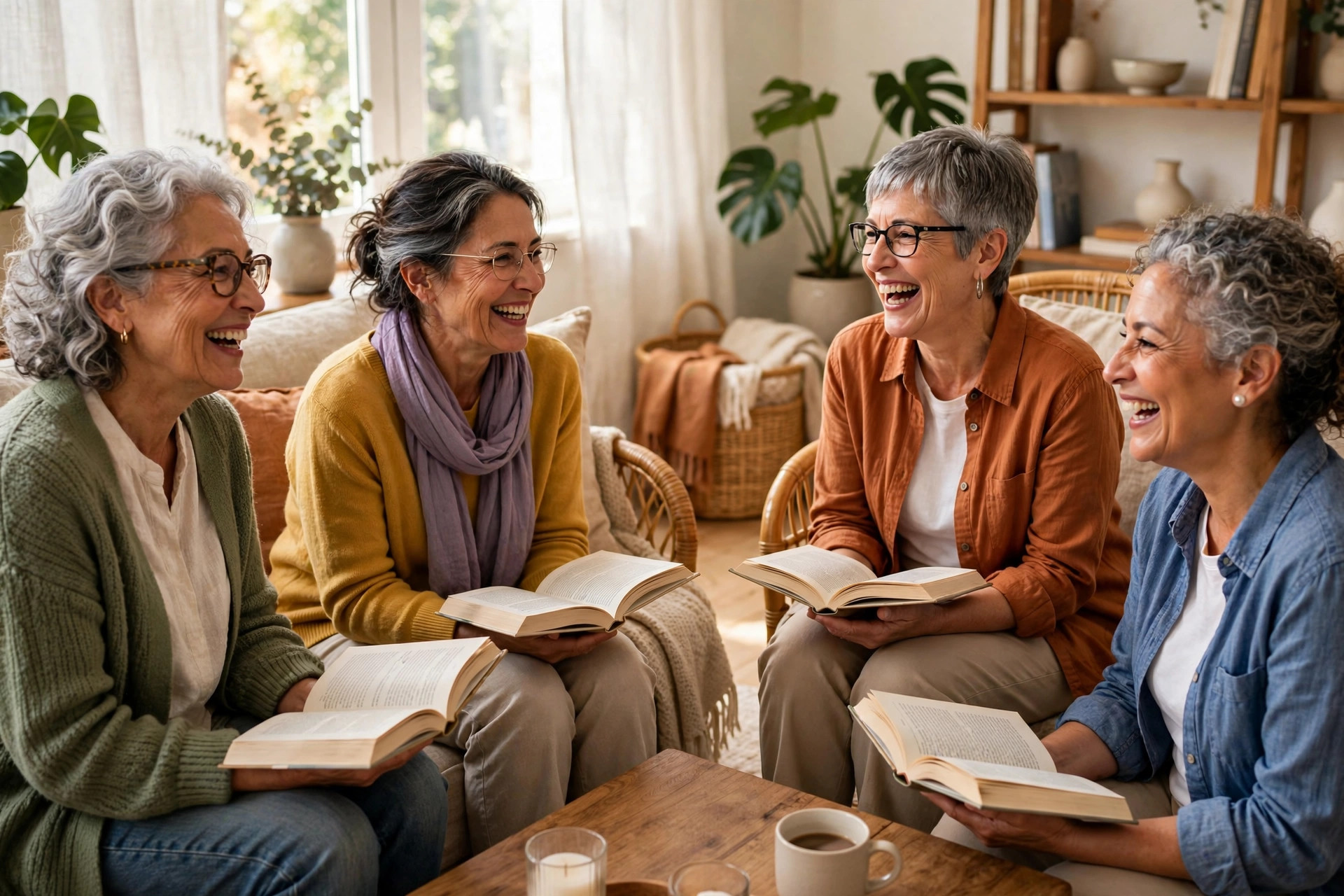 Group of women in their 60s laughing at a book club in a bright living room