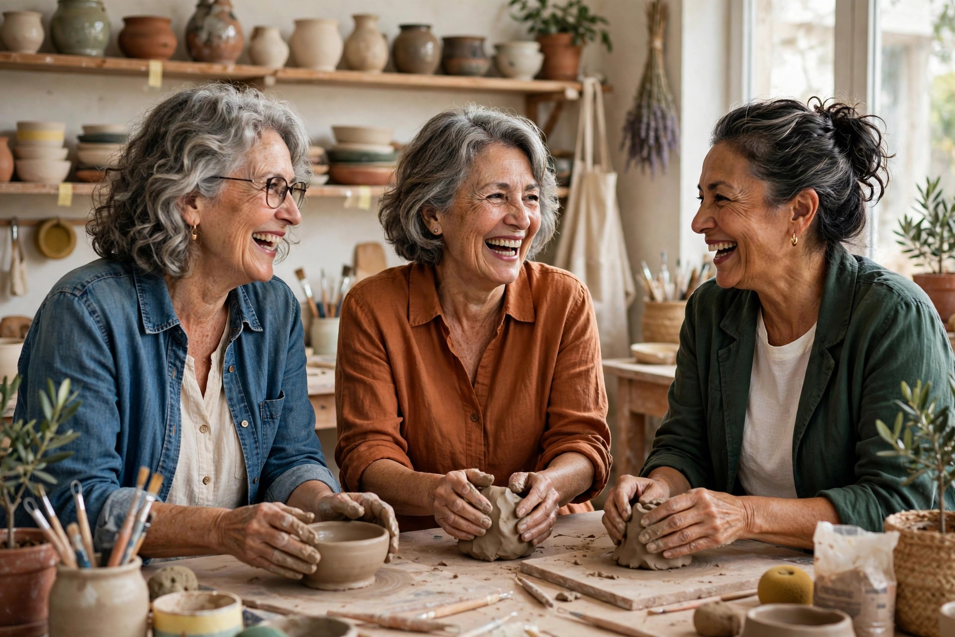 Women in their 60s laughing together in a pottery class