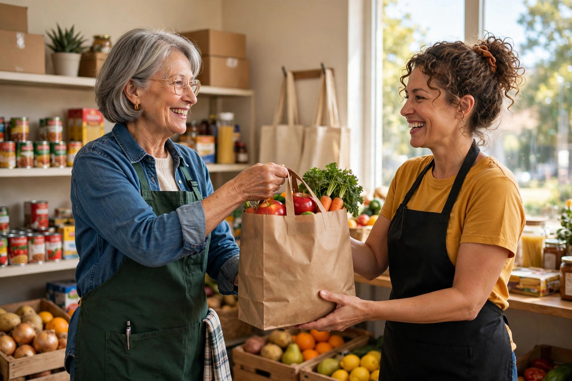 Woman in her 60s volunteering at a food pantry with colleagues