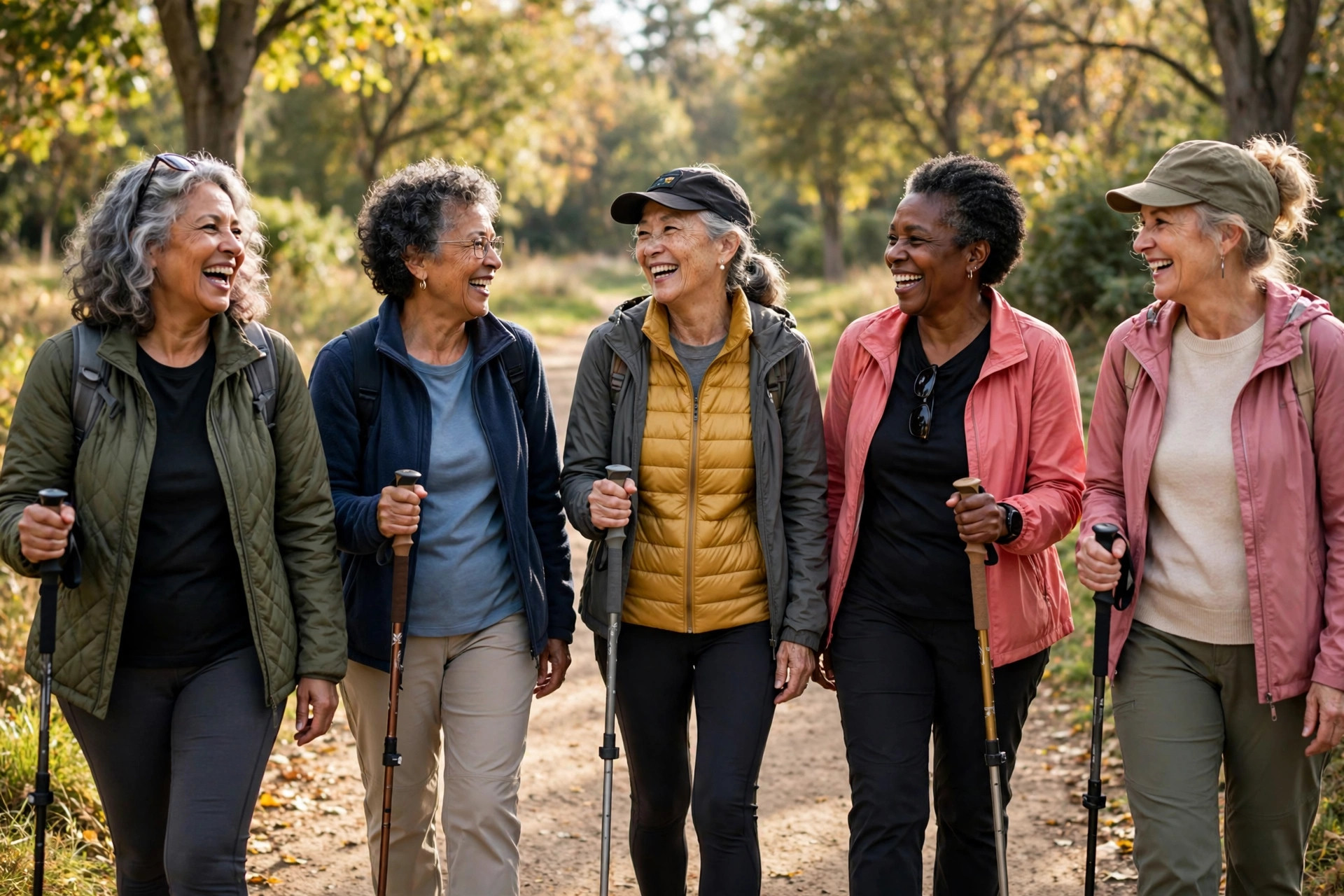 Group of women in their 60s hiking together on a sunny park trail