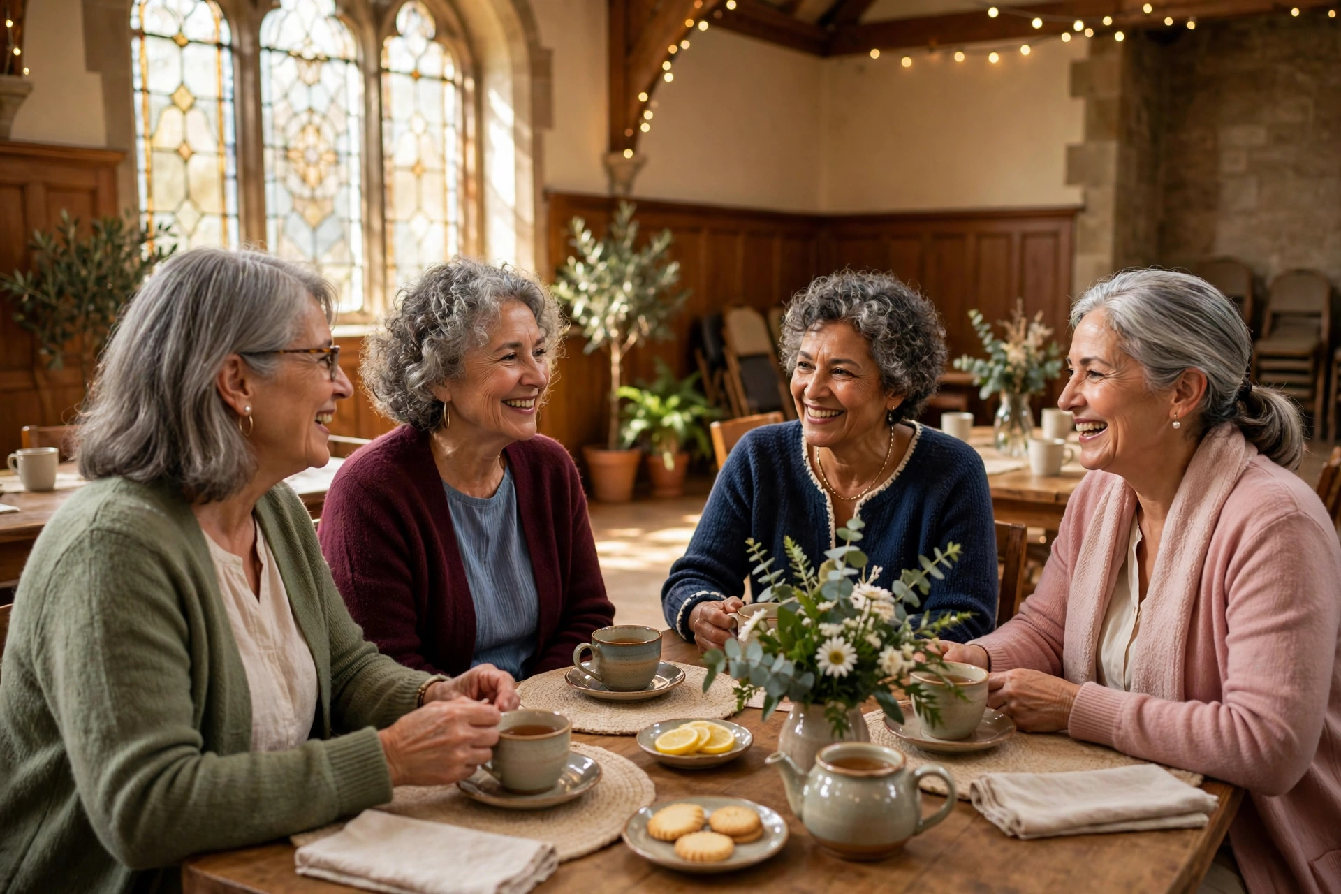 Women in their 60s sharing tea and conversation at a church hall gathering