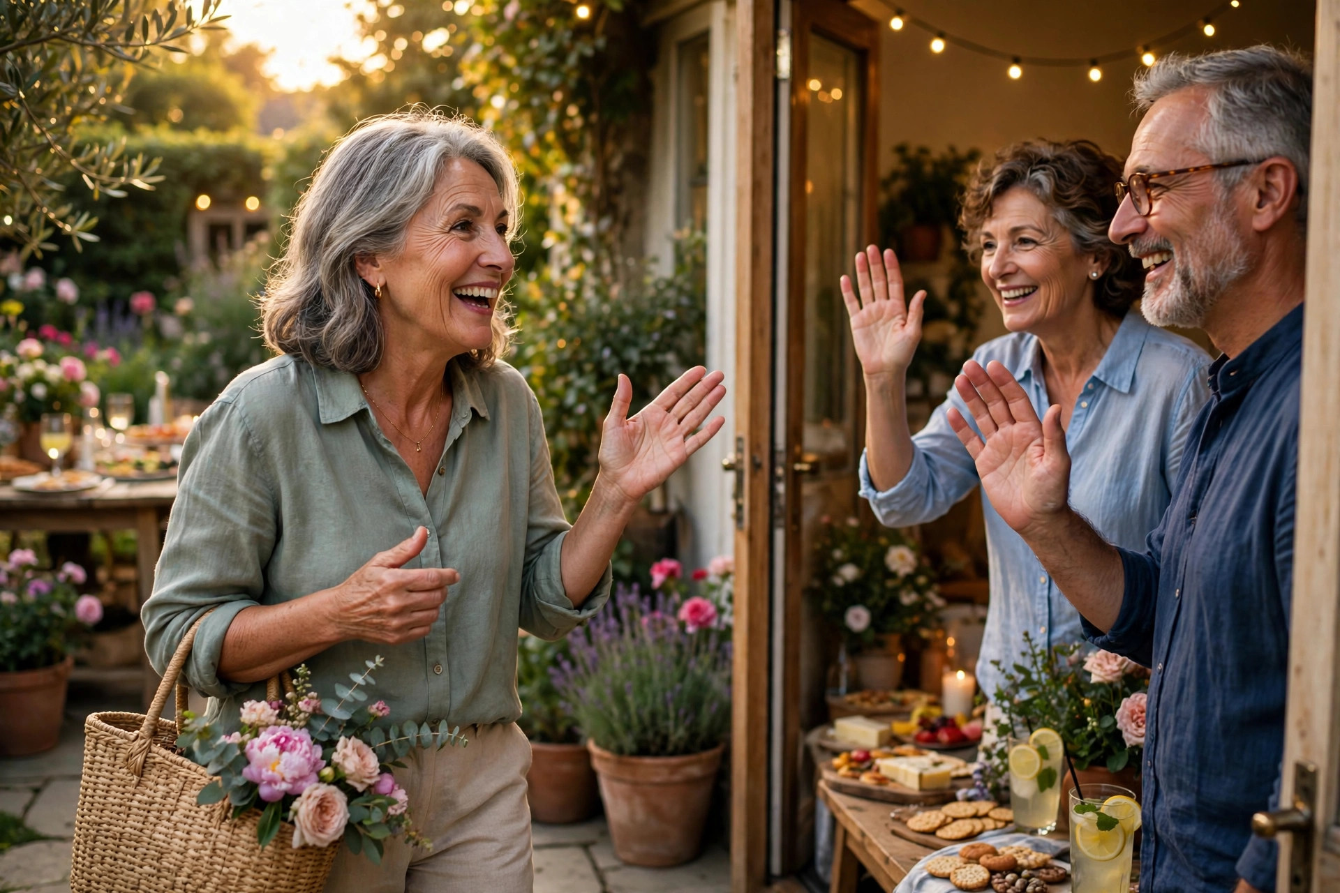 Woman in her 60s arriving at a garden party, friends waving hello