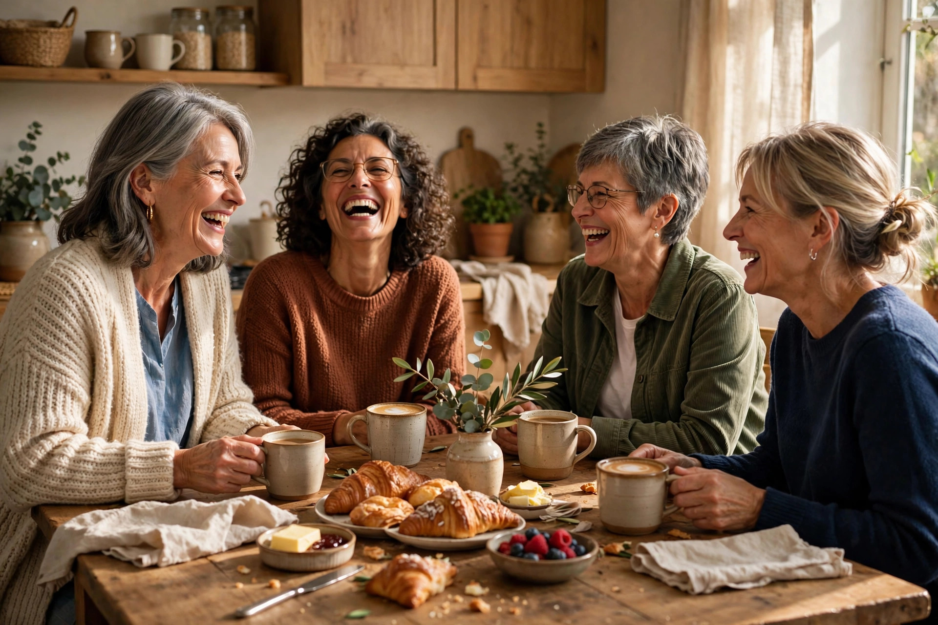 Friends laughing around a kitchen table at a coffee morning at home