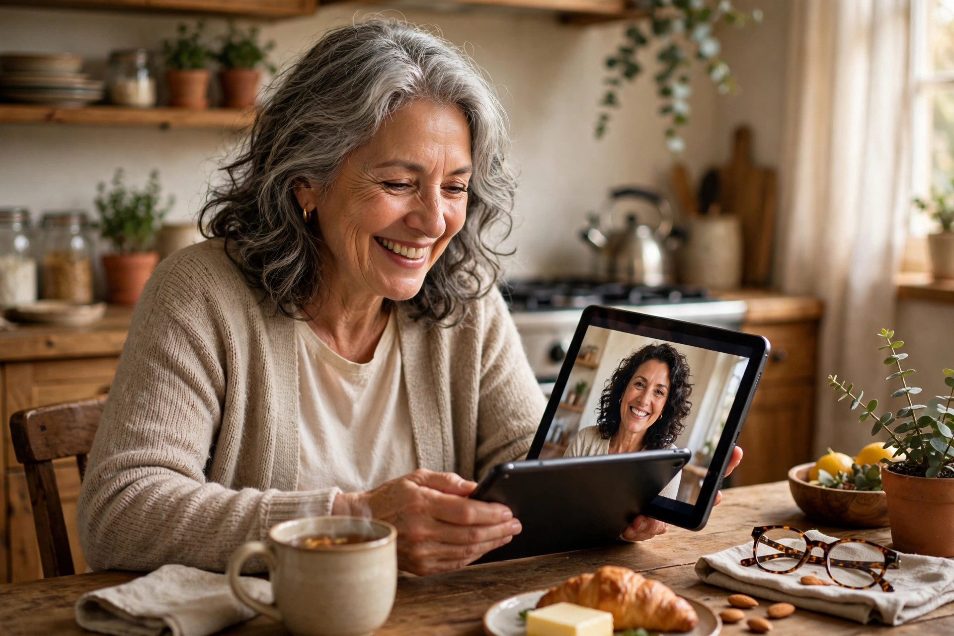 Woman in her 60s smiling on a video call with a friend on a tablet